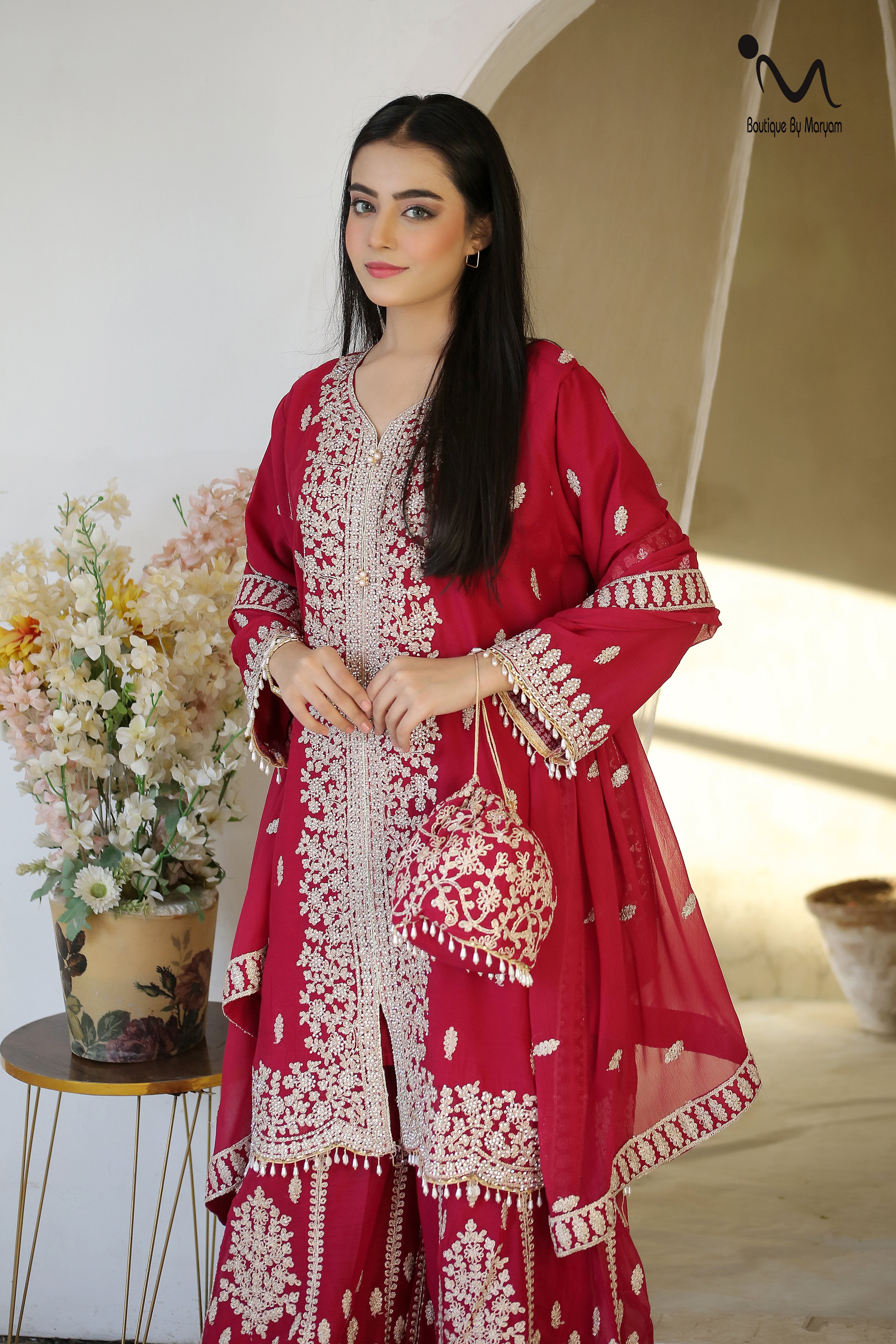 BF - 025 4PC Heavy Dori Work & DMC Stone Suit | Luxury Wedding Ensemble - Boutique By MaryamBoutique By MaryamBoutique By MaryamsredBF - 025 4PC Heavy Dori Work & DMC Stone Suit | Luxury Wedding Ensemble