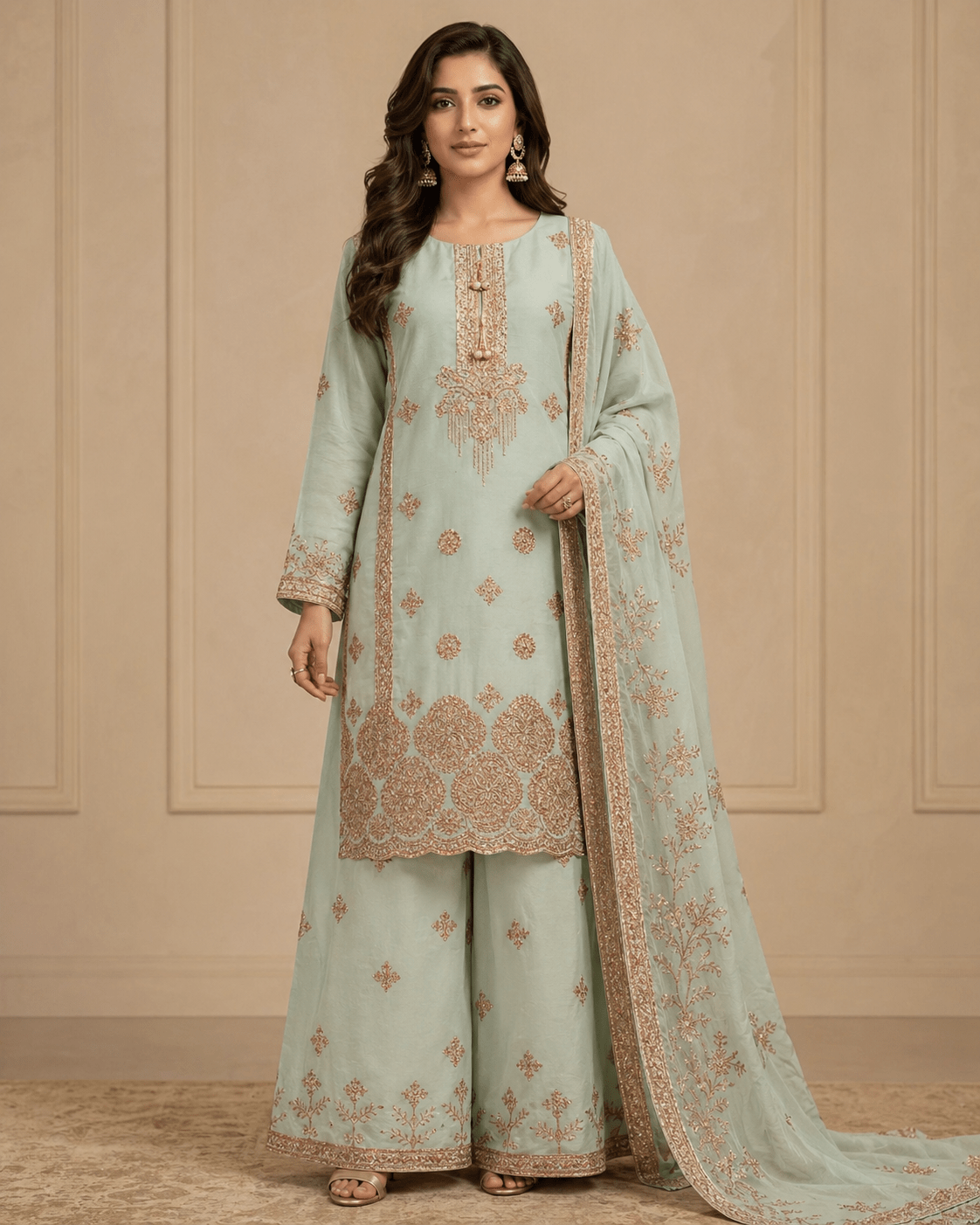 BF - 028 3PC Golden Zari & Stone Work Suit | Luxury Wedding Wear Ensemble - Boutique By MaryamBoutique By MaryamBoutique By Maryamapple - greensBF - 028 3PC Golden Zari & Stone Work Suit | Luxury Wedding Wear Ensemble