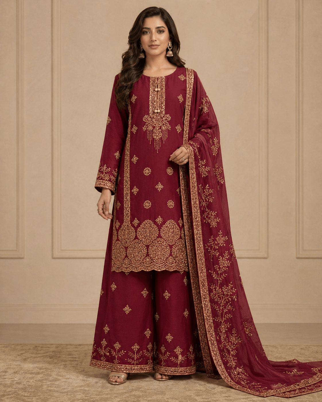 BF - 028 3PC Golden Zari & Stone Work Suit | Luxury Wedding Wear Ensemble - Boutique By MaryamBoutique By MaryamBoutique By MaryammaroonsBF - 028 3PC Golden Zari & Stone Work Suit | Luxury Wedding Wear Ensemble