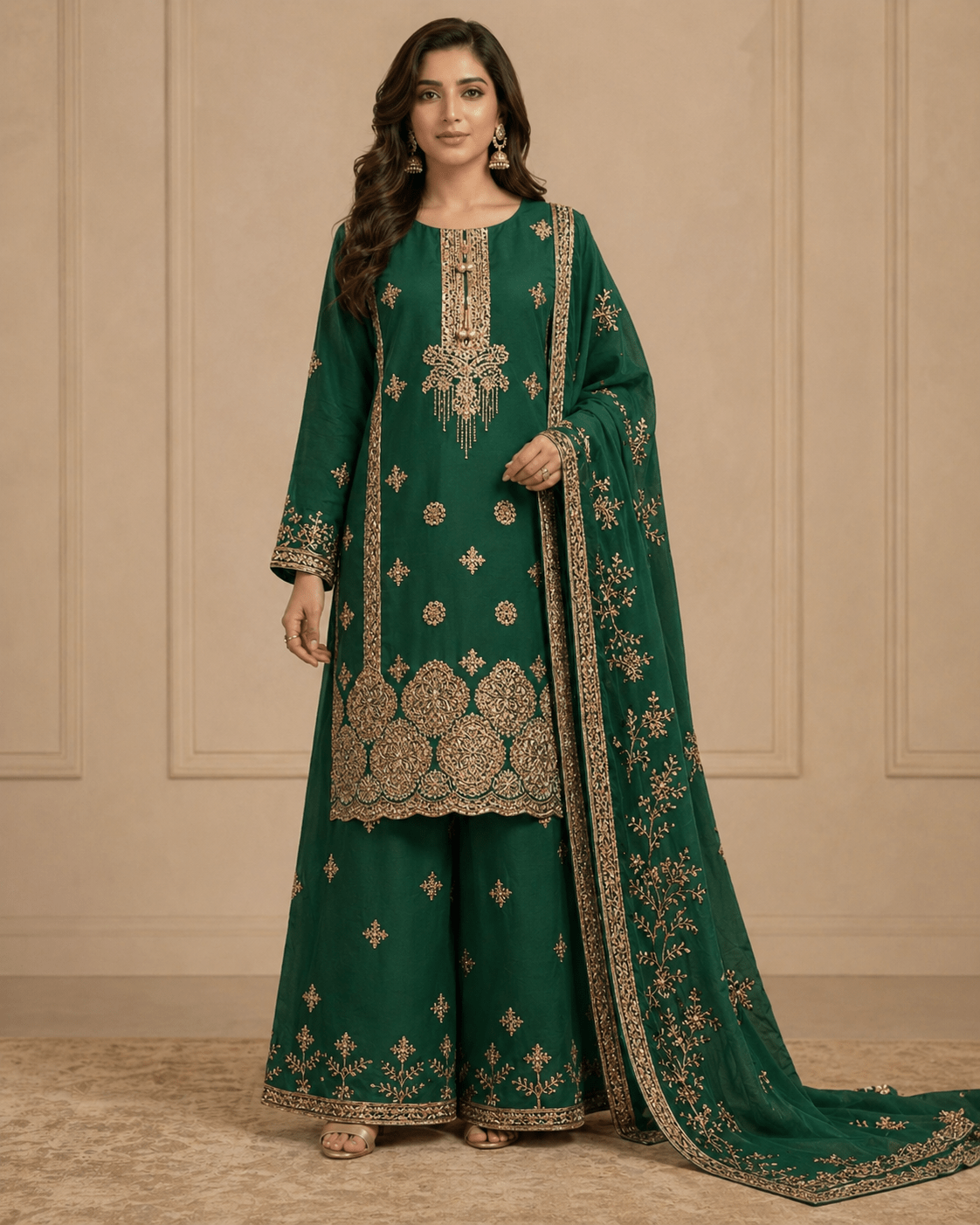 BF - 028 3PC Golden Zari & Stone Work Suit | Luxury Wedding Wear Ensemble - Boutique By MaryamBoutique By MaryamBoutique By MaryamgreensBF - 028 3PC Golden Zari & Stone Work Suit | Luxury Wedding Wear Ensemble