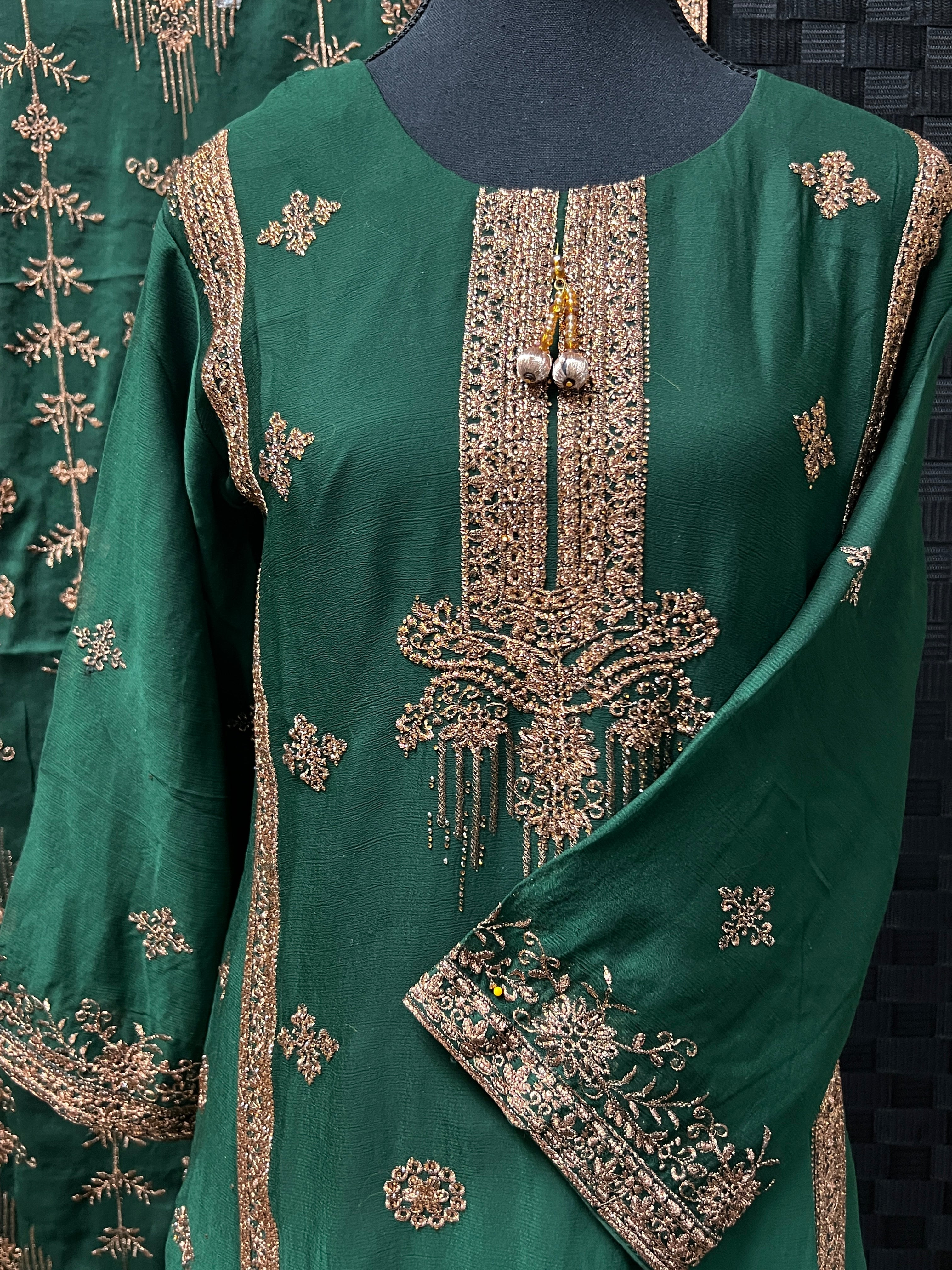 BF - 028 3PC Golden Zari & Stone Work Suit | Luxury Wedding Wear Ensemble - Boutique By MaryamBoutique By MaryamBoutique By Maryamapple - greensBF - 028 3PC Golden Zari & Stone Work Suit | Luxury Wedding Wear Ensemble