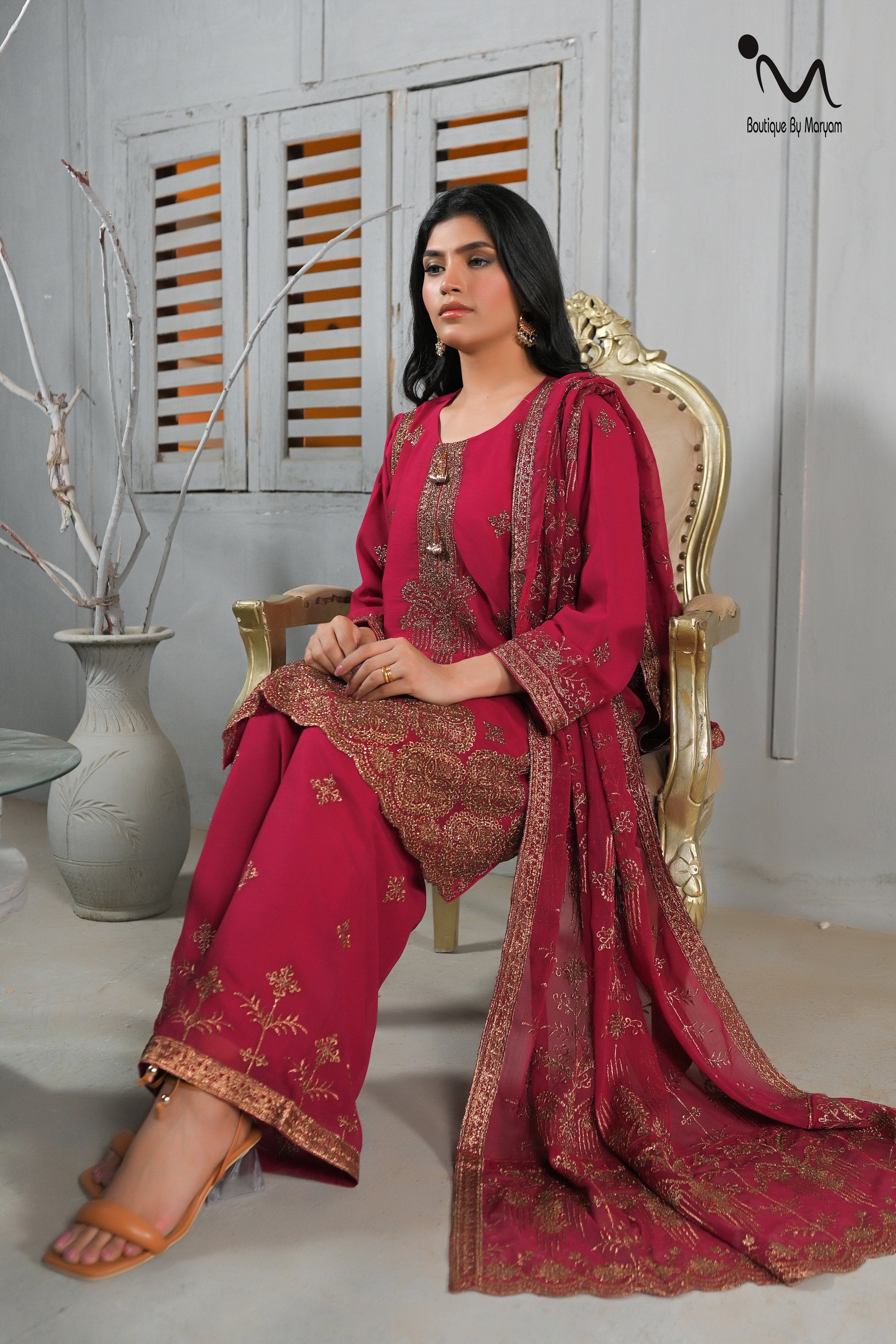 BF - 028 3PC Golden Zari & Stone Work Suit | Luxury Wedding Wear Ensemble - Boutique By MaryamBoutique By MaryamBoutique By MaryamBF-028-HOT PInk-Shot - pinksBF - 028 3PC Golden Zari & Stone Work Suit | Luxury Wedding Wear Ensemble