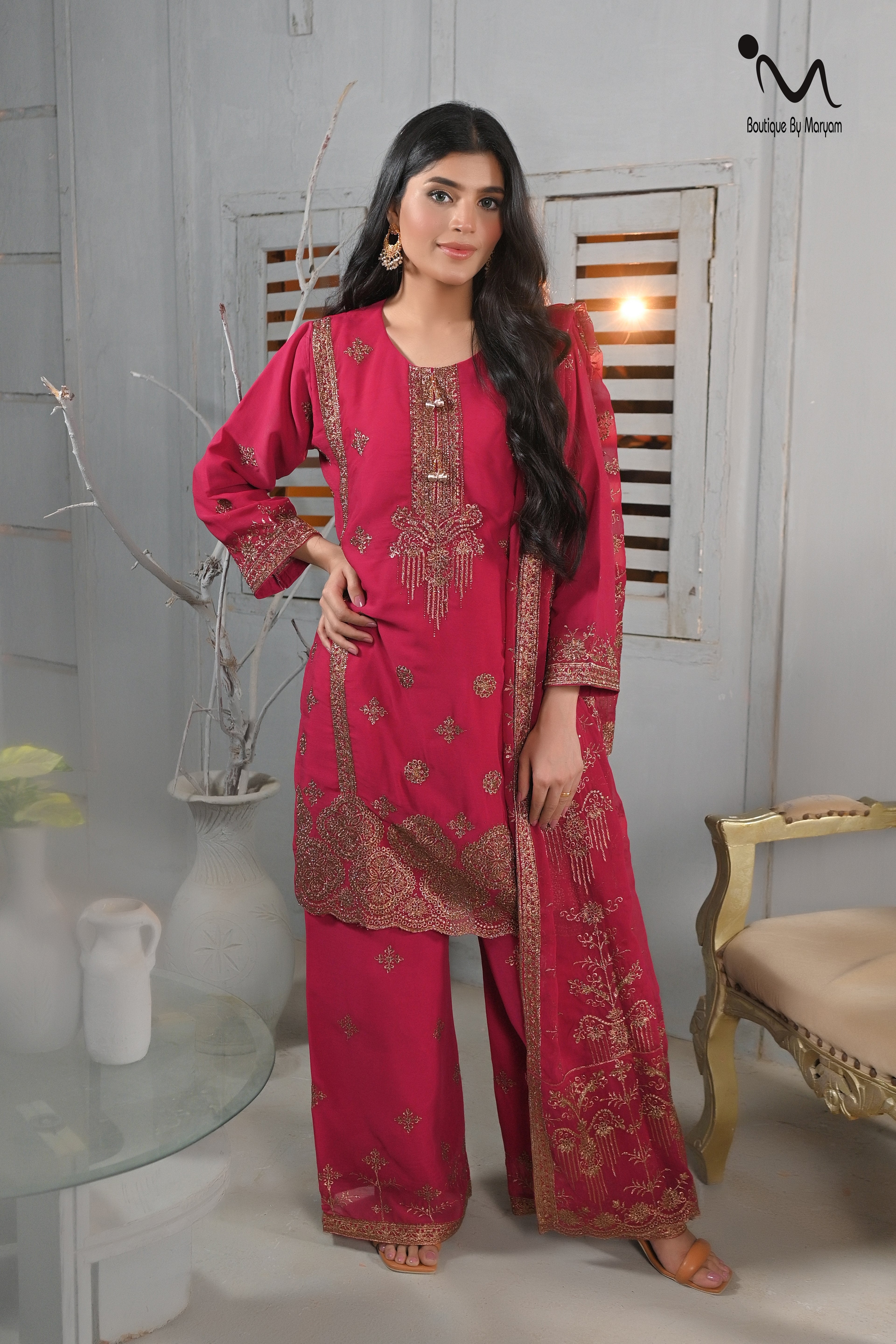 BF - 028 3PC Golden Zari & Stone Work Suit | Luxury Wedding Wear Ensemble - Boutique By MaryamBoutique By MaryamBoutique By MaryamBF-028-HOT PInk-Shot - pinksBF - 028 3PC Golden Zari & Stone Work Suit | Luxury Wedding Wear Ensemble