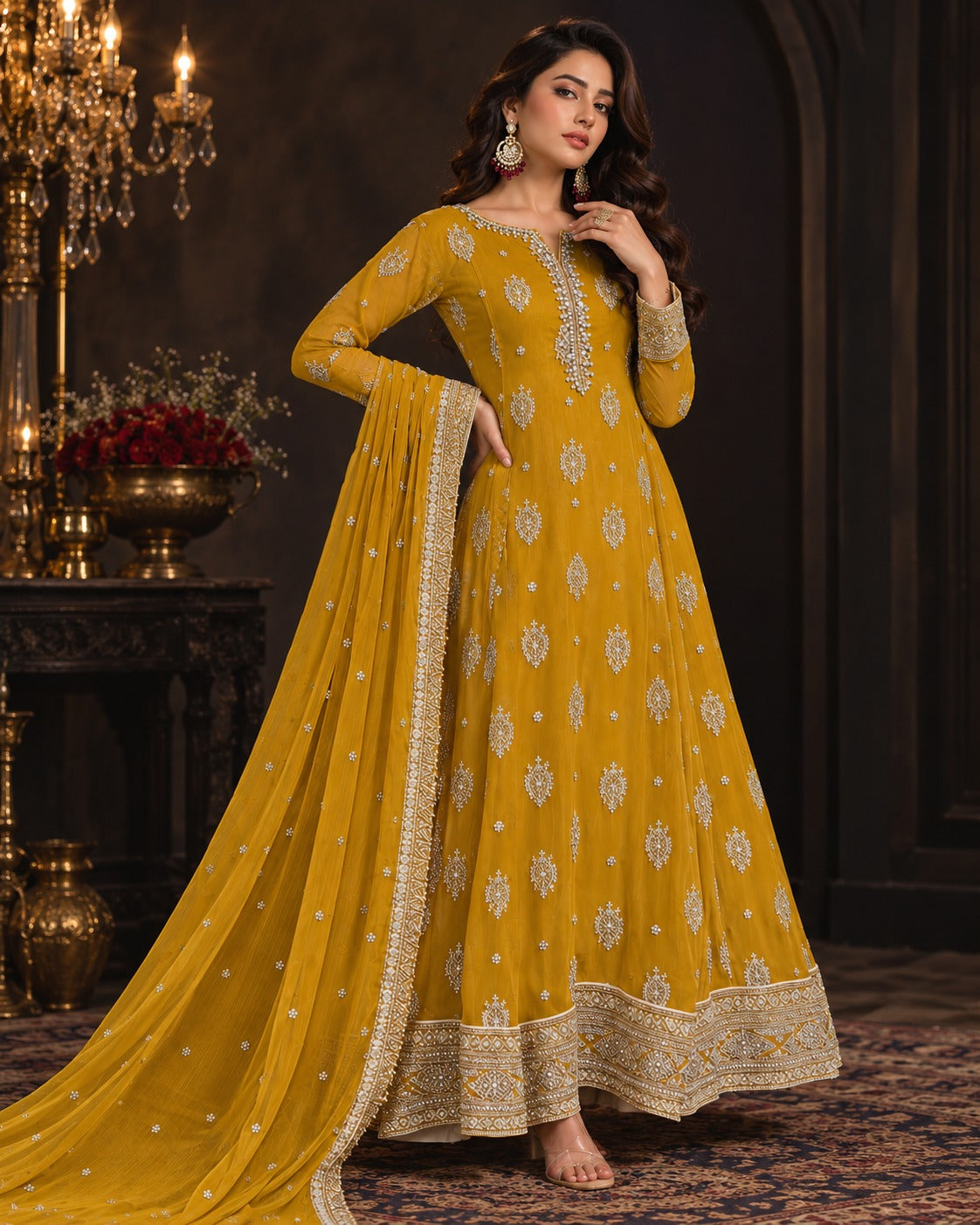 Boutique by Maryam Mustard Chiffon Anarkali Frock 3 Piece with Dupatta Canada