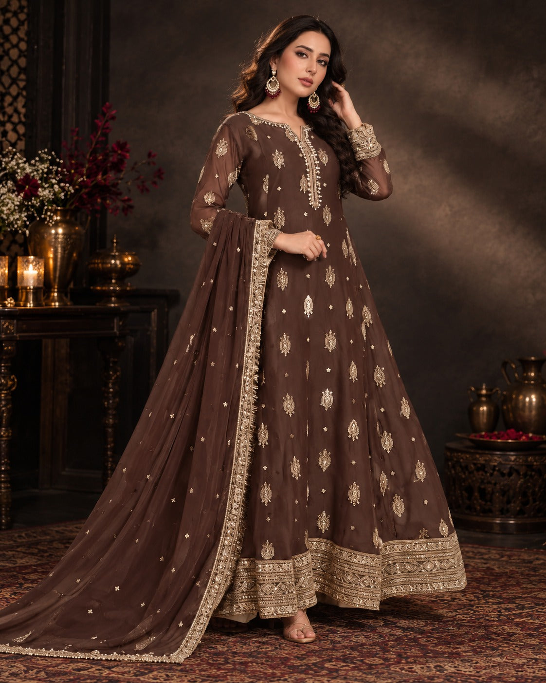 Boutique by Maryam Chocolate Brown Chiffon Anarkali Frock 3 Piece with Dupatta Canada