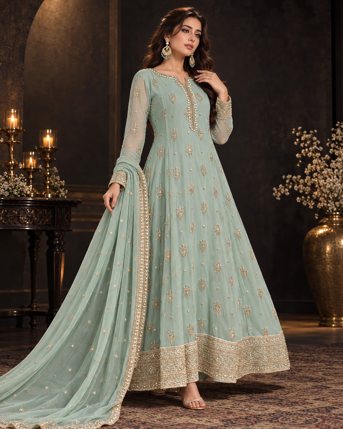 Boutique by Maryam Mint Green Chiffon Anarkali Frock 3 Piece with Dupatta Canada