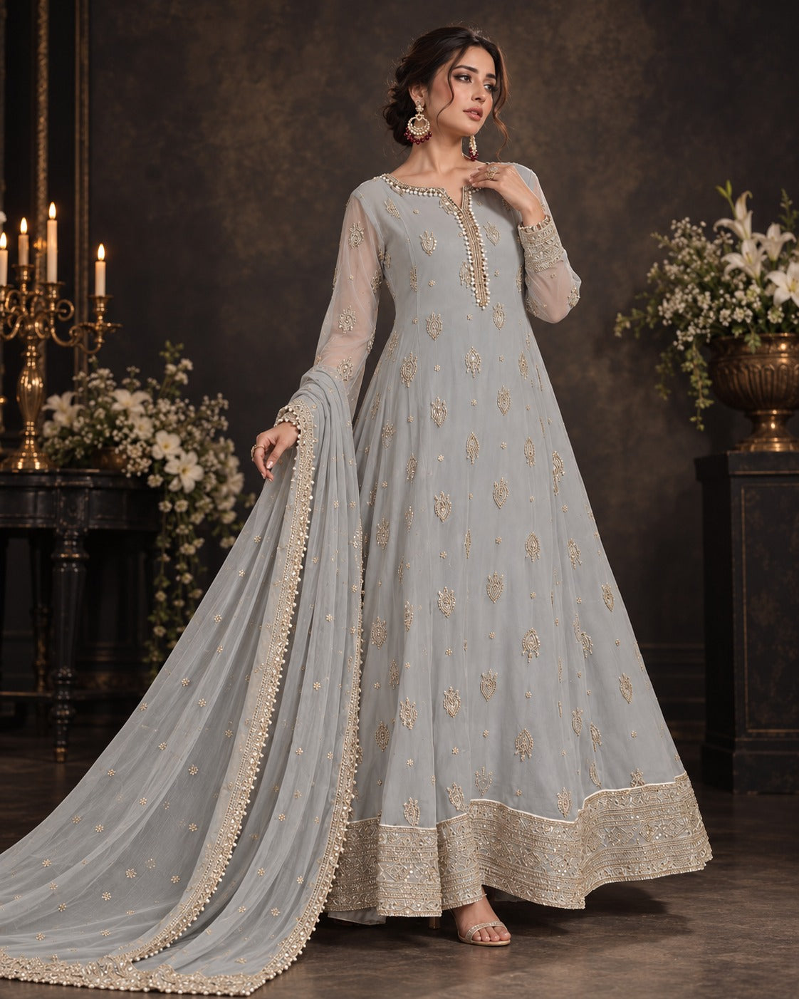 Boutique by Maryam Silver Grey Chiffon Anarkali Frock 3 Piece with Dupatta Canada