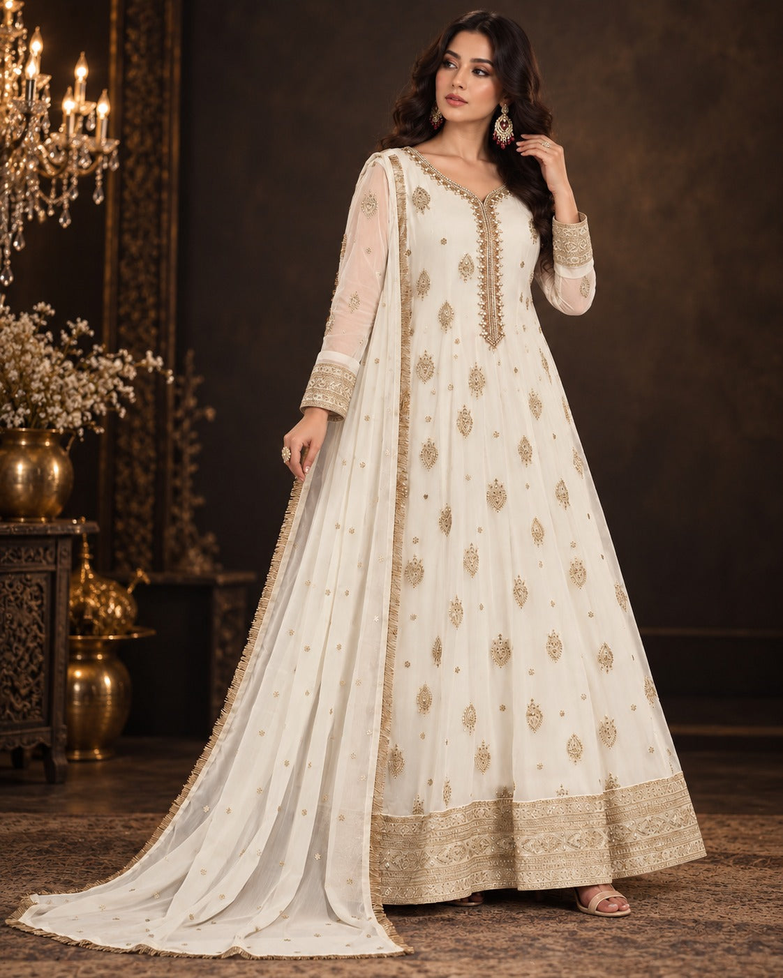Boutique by Maryam Ivory Chiffon Anarkali Frock 3 Piece with Dupatta Canada