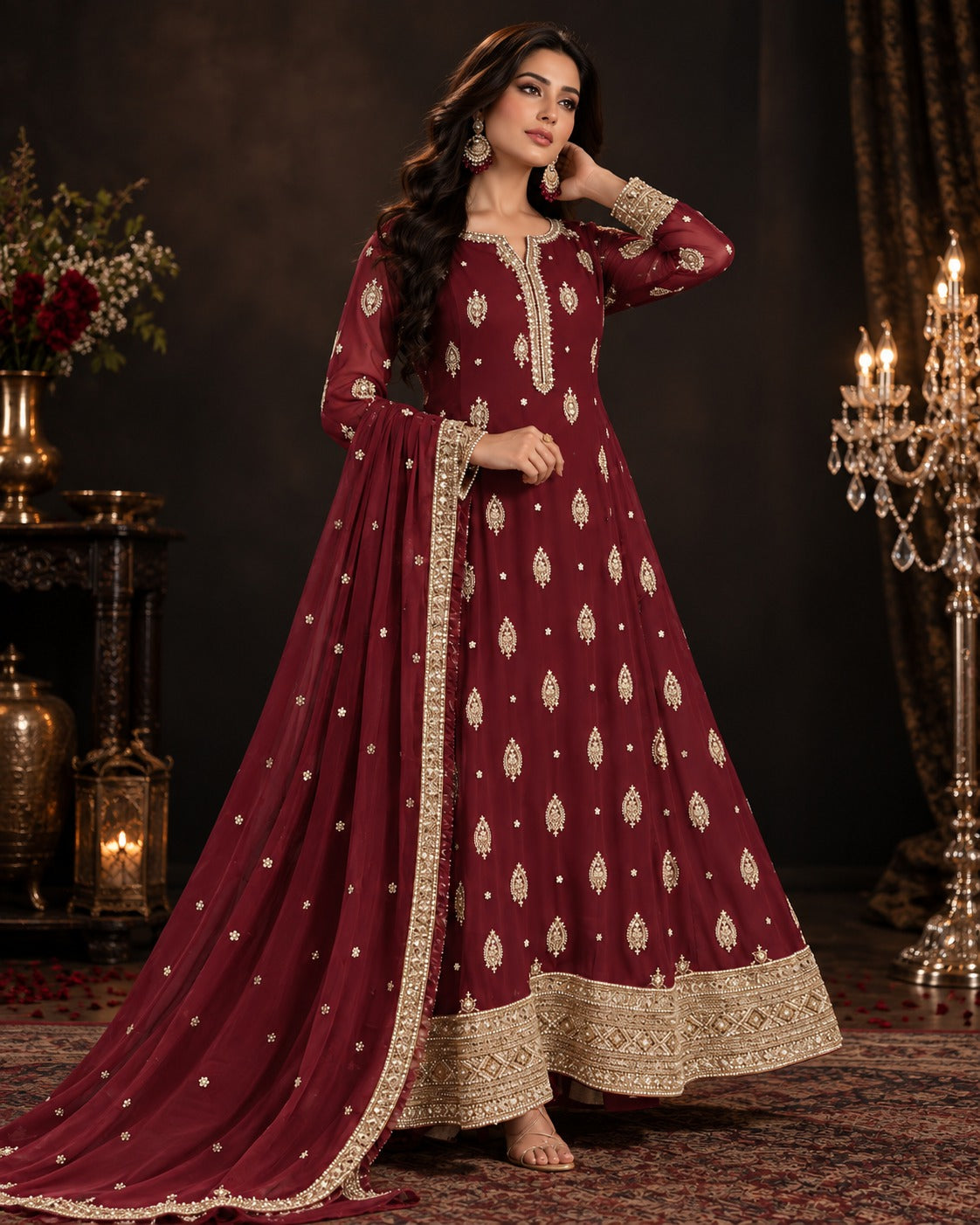 Boutique by Maryam Maroon Chiffon Anarkali Frock 3 Piece with Dupatta Canada