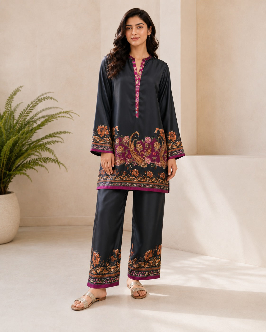 BMG-217 Boutique By Maryam Black silk 2 piece co-ord set Canada
