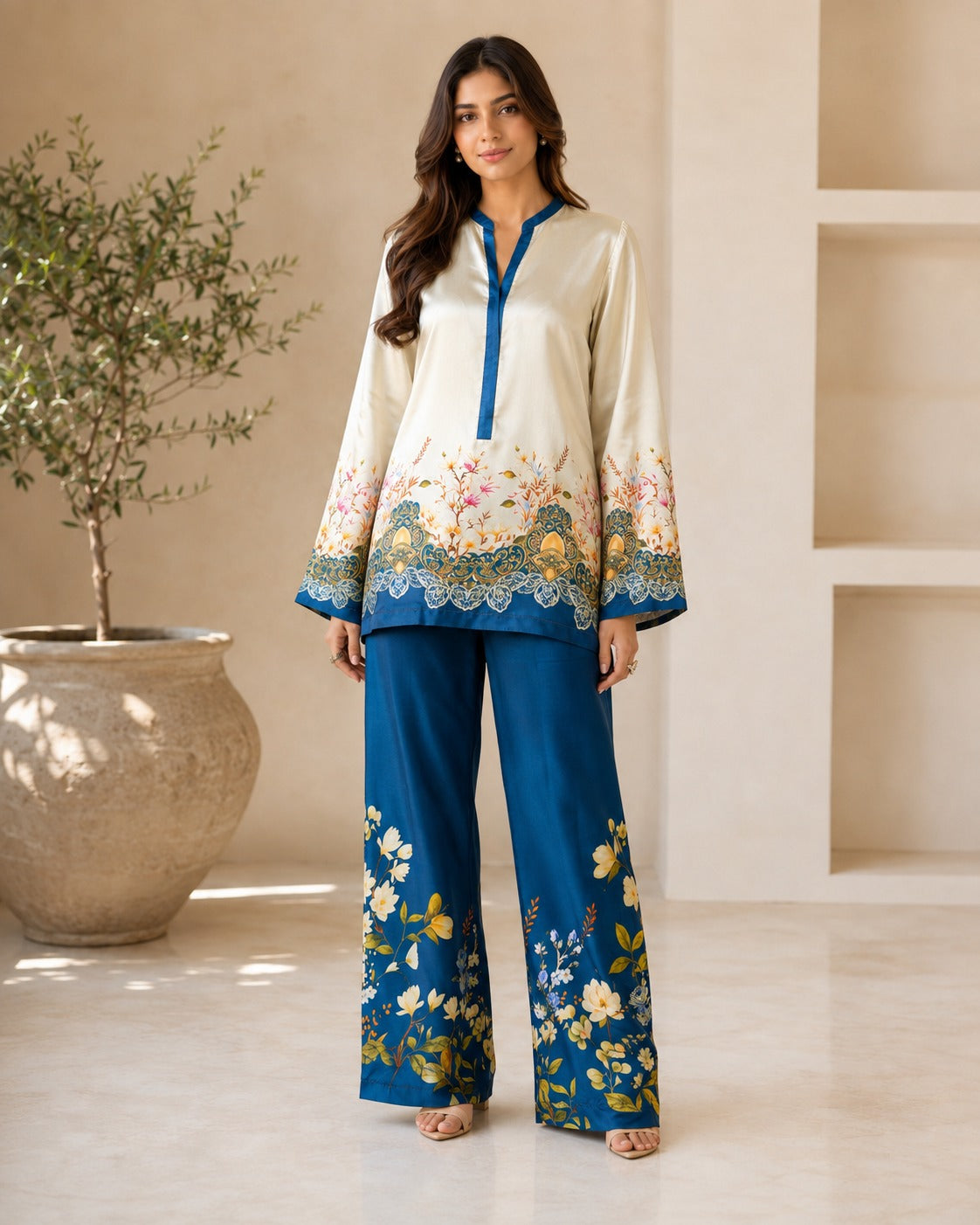 BMG-223 Cream Blue silk 2 piece co-ord set Canada