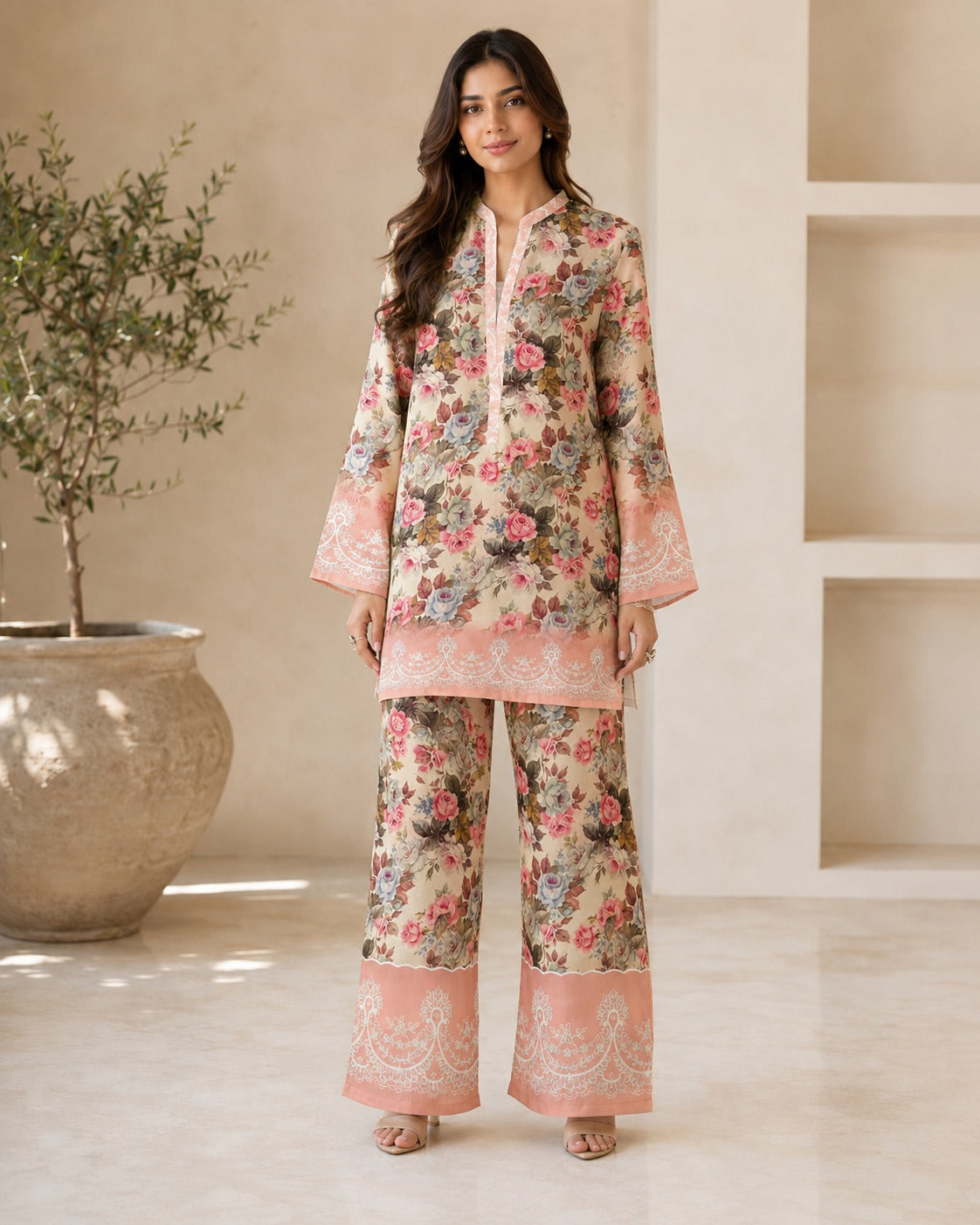 BMG-224 Peach Floral silk 2 piece co-ord set Canada