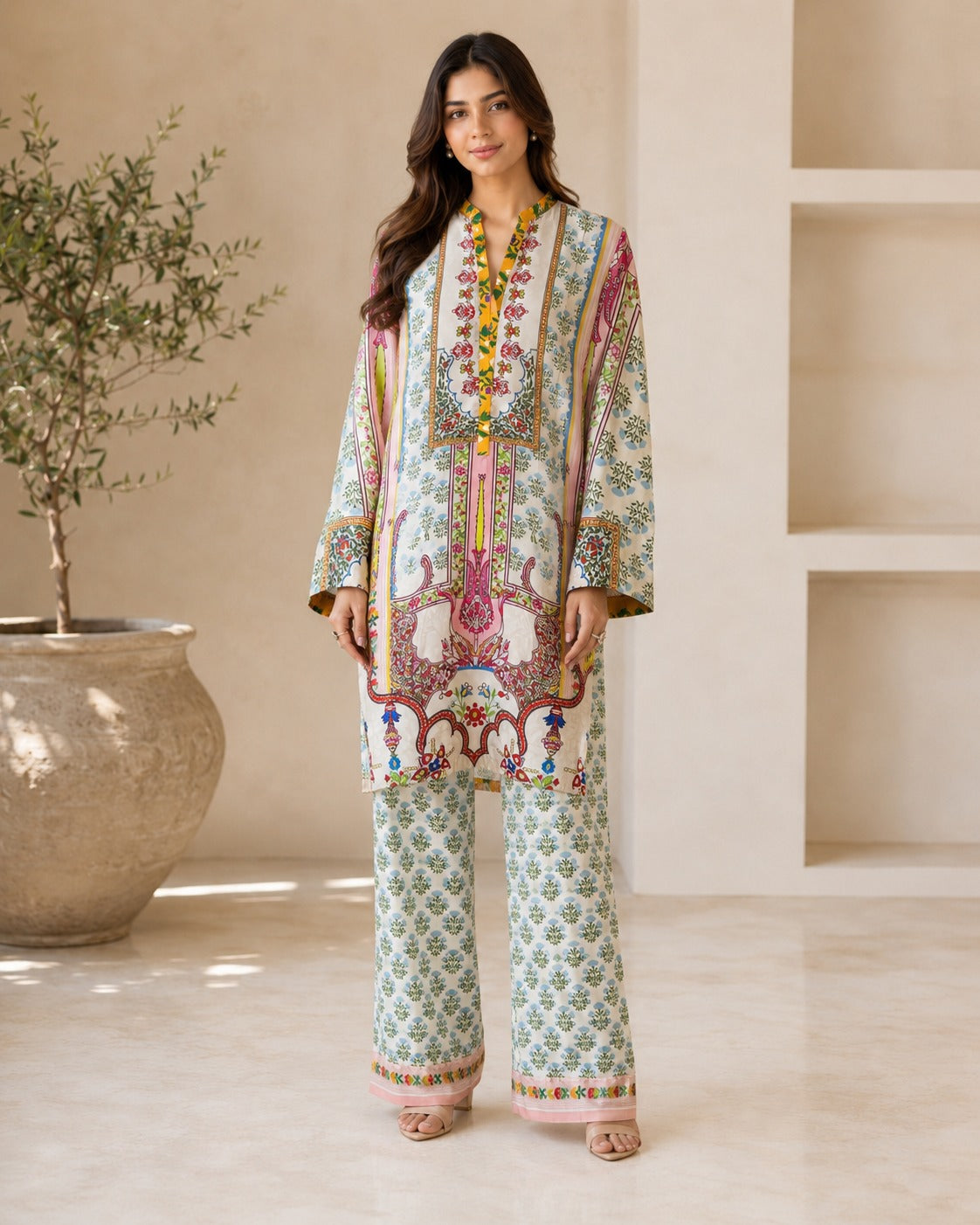 BMG-225 White Multicolor silk 2 piece co-ord set Canada