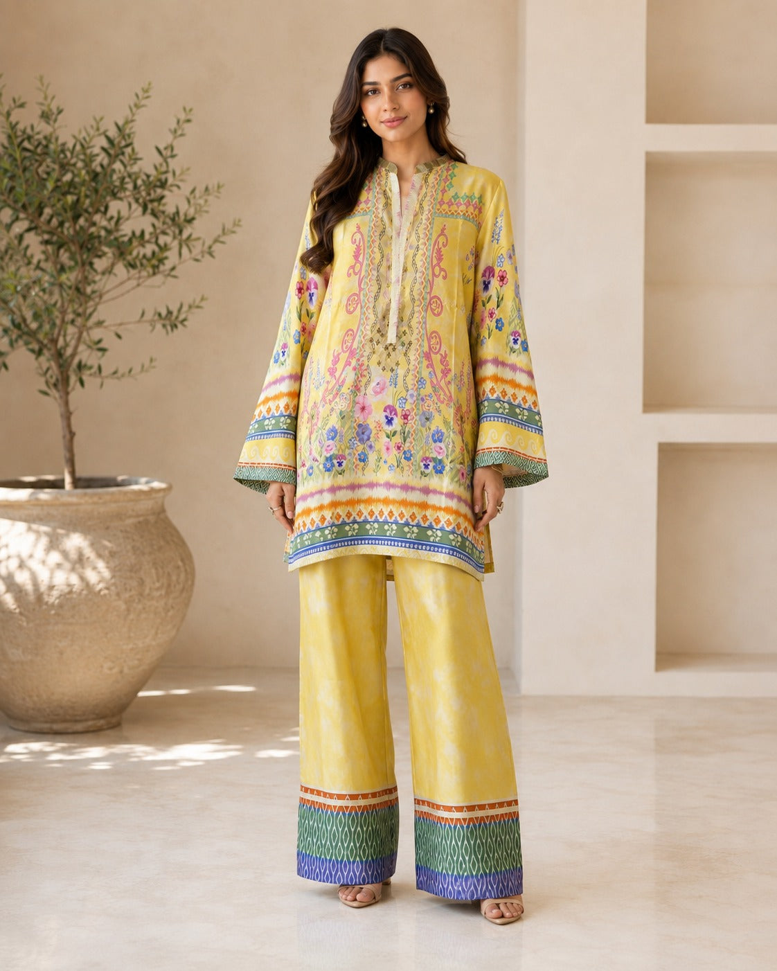 BMG-226 Yellow Multicolor silk 2 piece co-ord set Canada