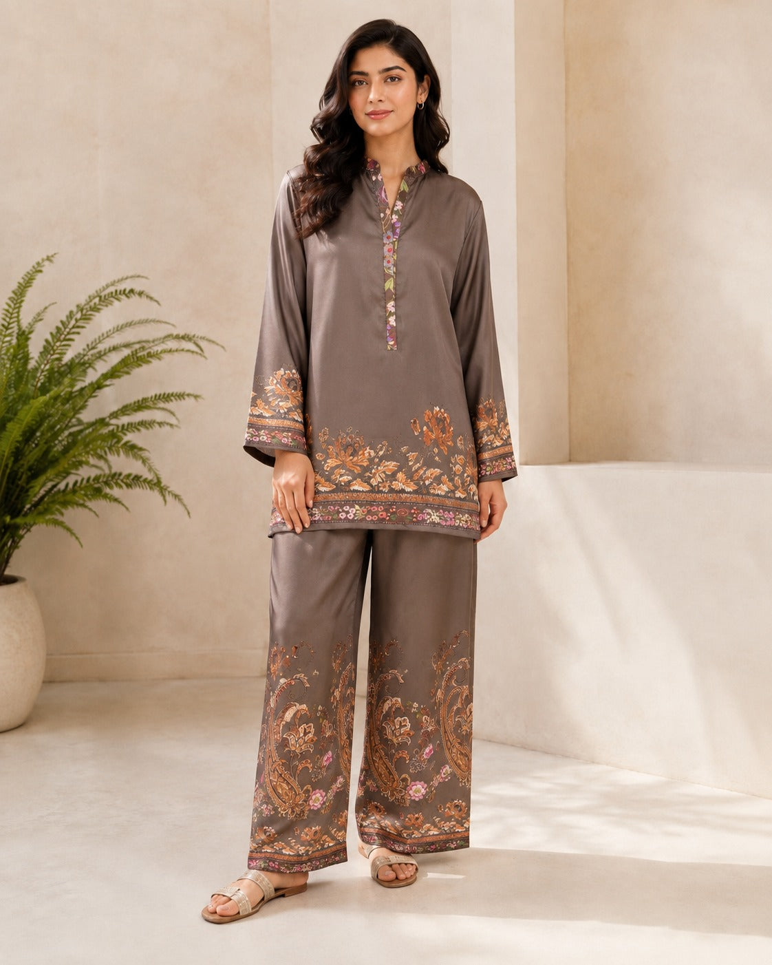 BMG-228 Taupe Brown silk 2 piece co-ord set Canada