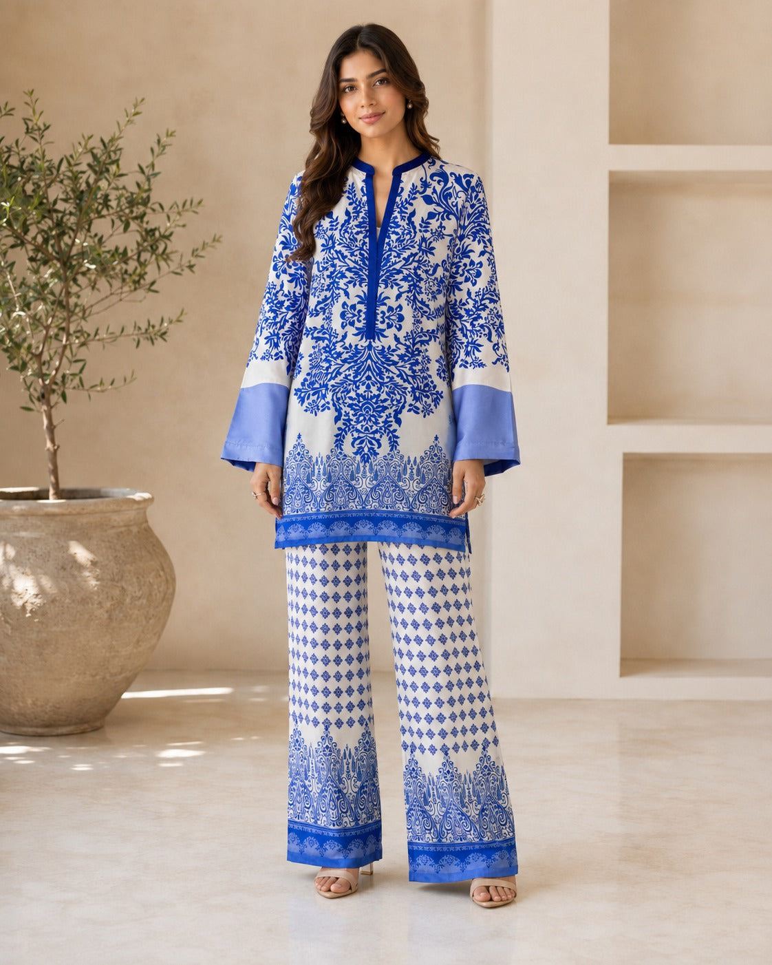 BMG-229 White Blue silk 2 piece co-ord set Canada