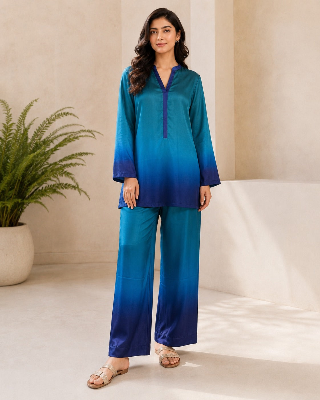 BMG-230 Firozi Blue Ombre silk 2 piece co-ord set Canada
