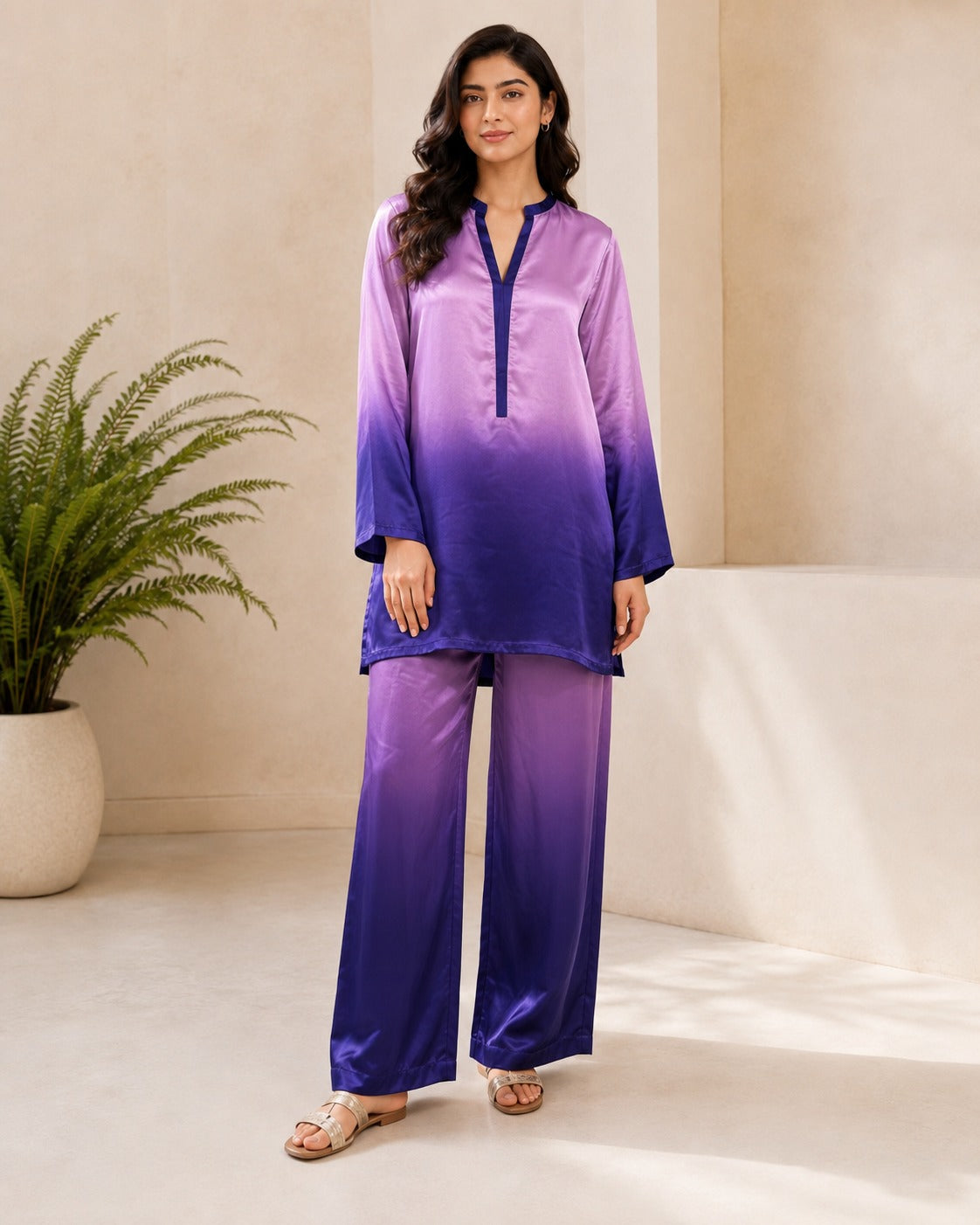 BMG-234 Lavender Purple Ombre silk 2 piece co-ord set Canada