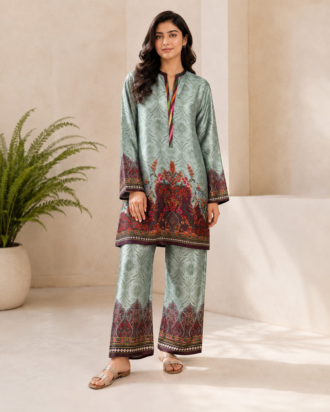 BMG-235 Pista Green silk 2 piece co-ord set Canada
