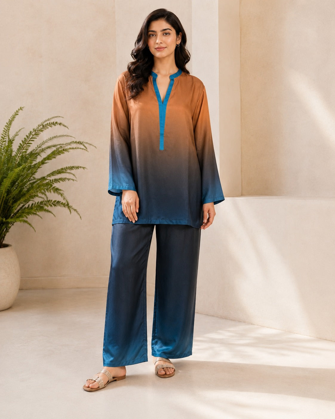 BMG-236 Rust Blue Ombre silk 2 piece co-ord set Canada