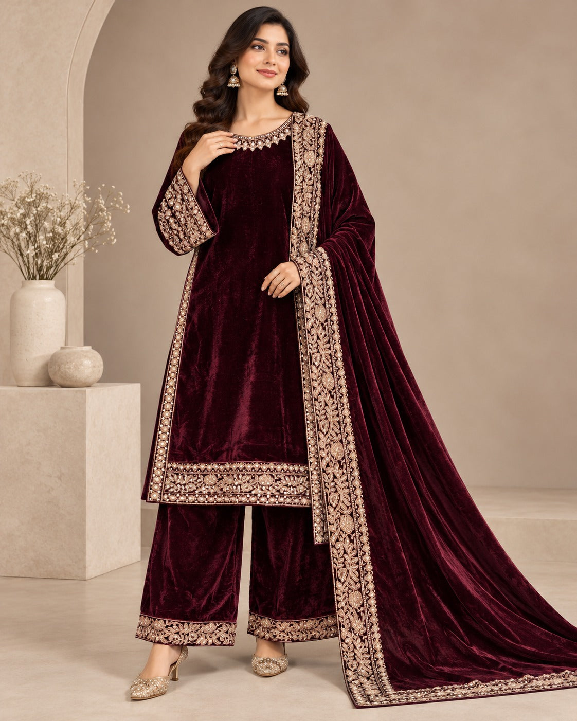 Boutique by Maryam BMV-001 Maroon velvet embroidered 3 piece suit Canada