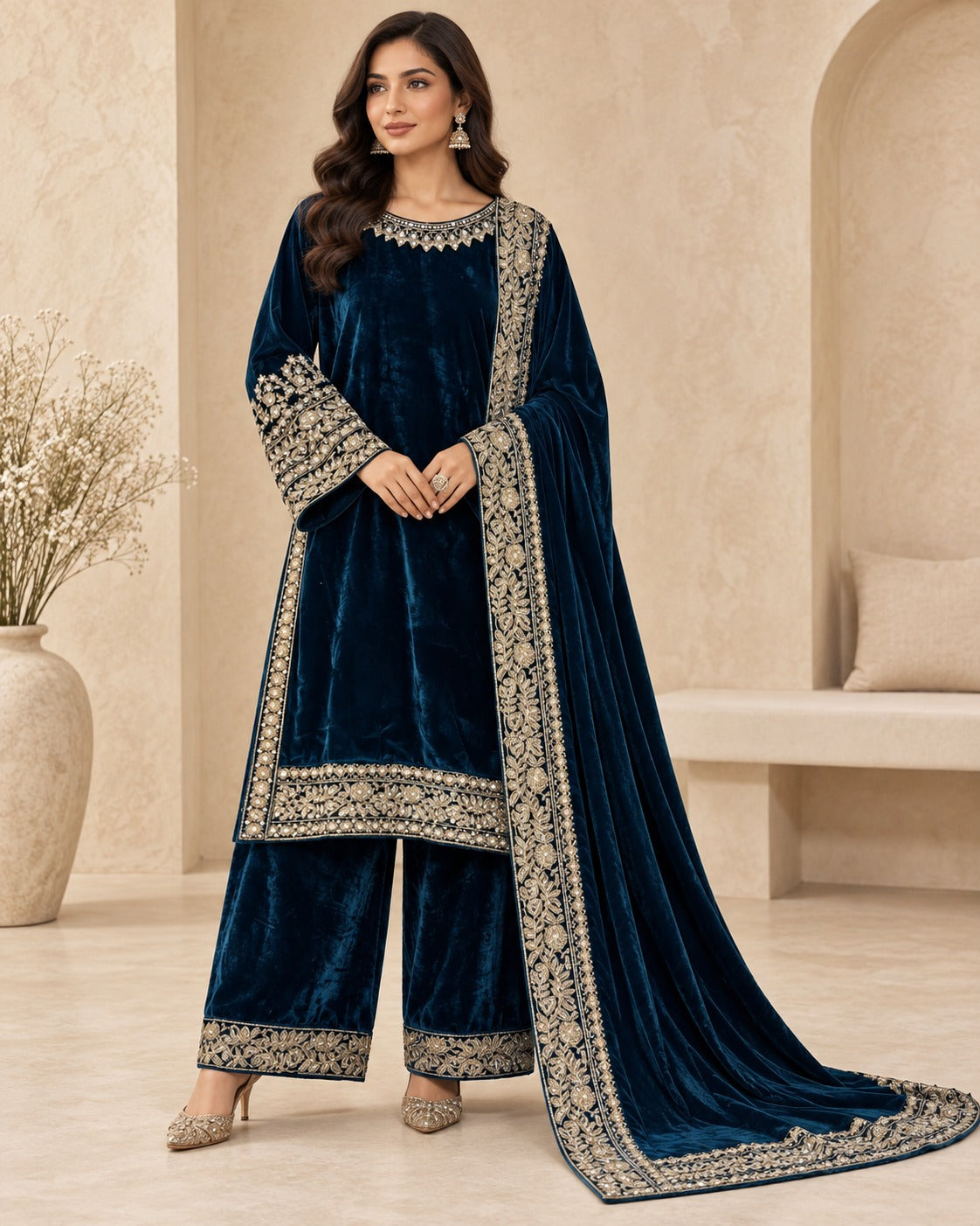 Boutique by Maryam BMV-001 Navy Blue velvet embroidered 3 piece suit Canada