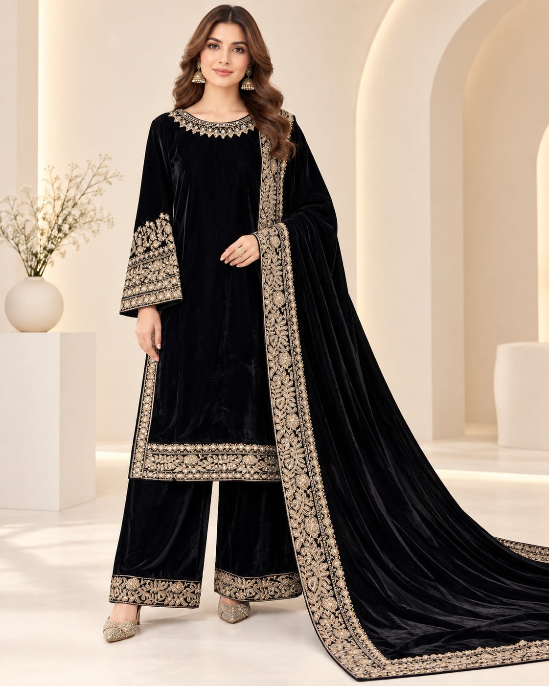 Boutique by Maryam BMV-001 Black velvet embroidered 3 piece suit Canada