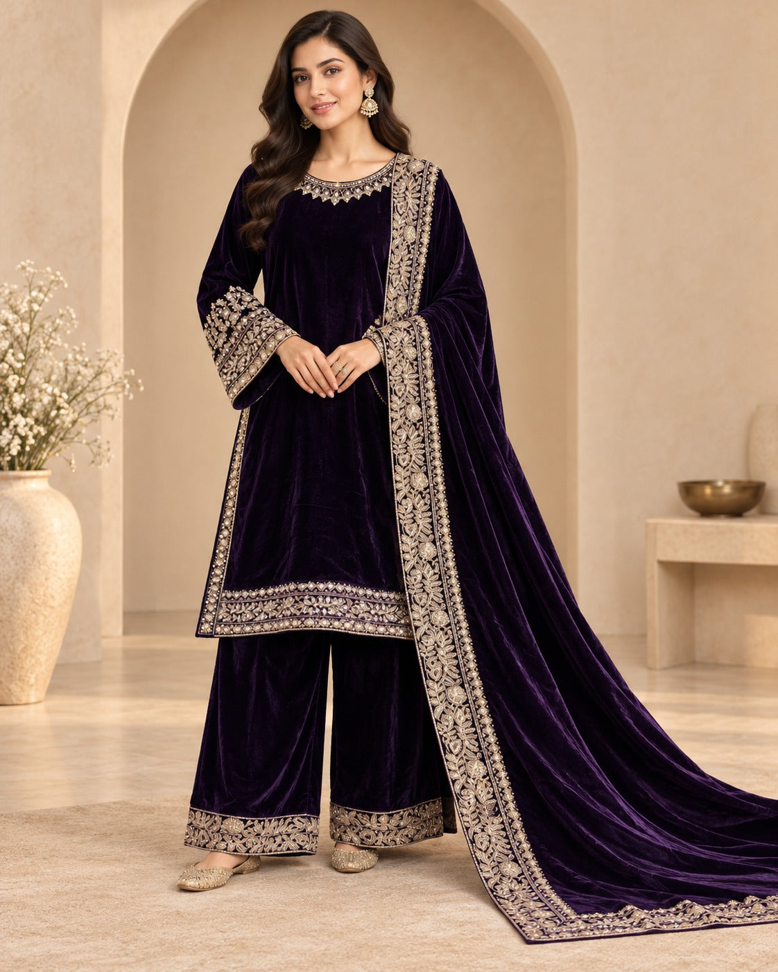 Boutique by Maryam BMV-001 Deep Purple velvet embroidered 3 piece suit Canada