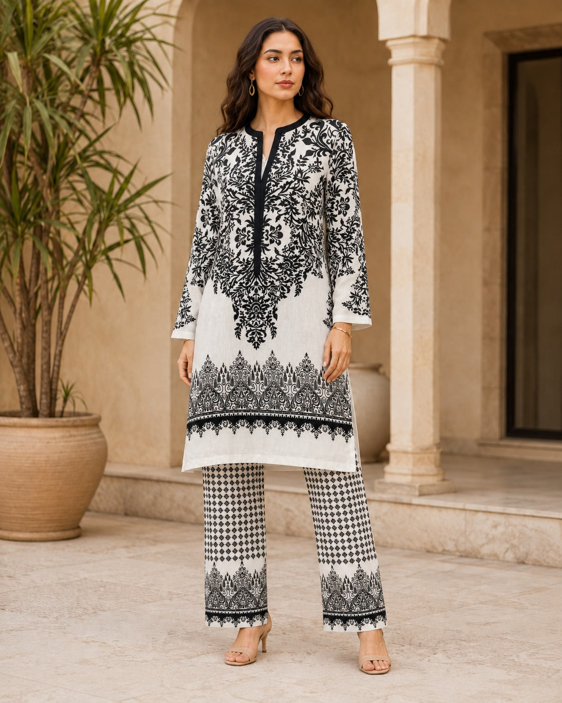 BMG-242 black and white printed georgette 2 piece co-ord set for women in Canada