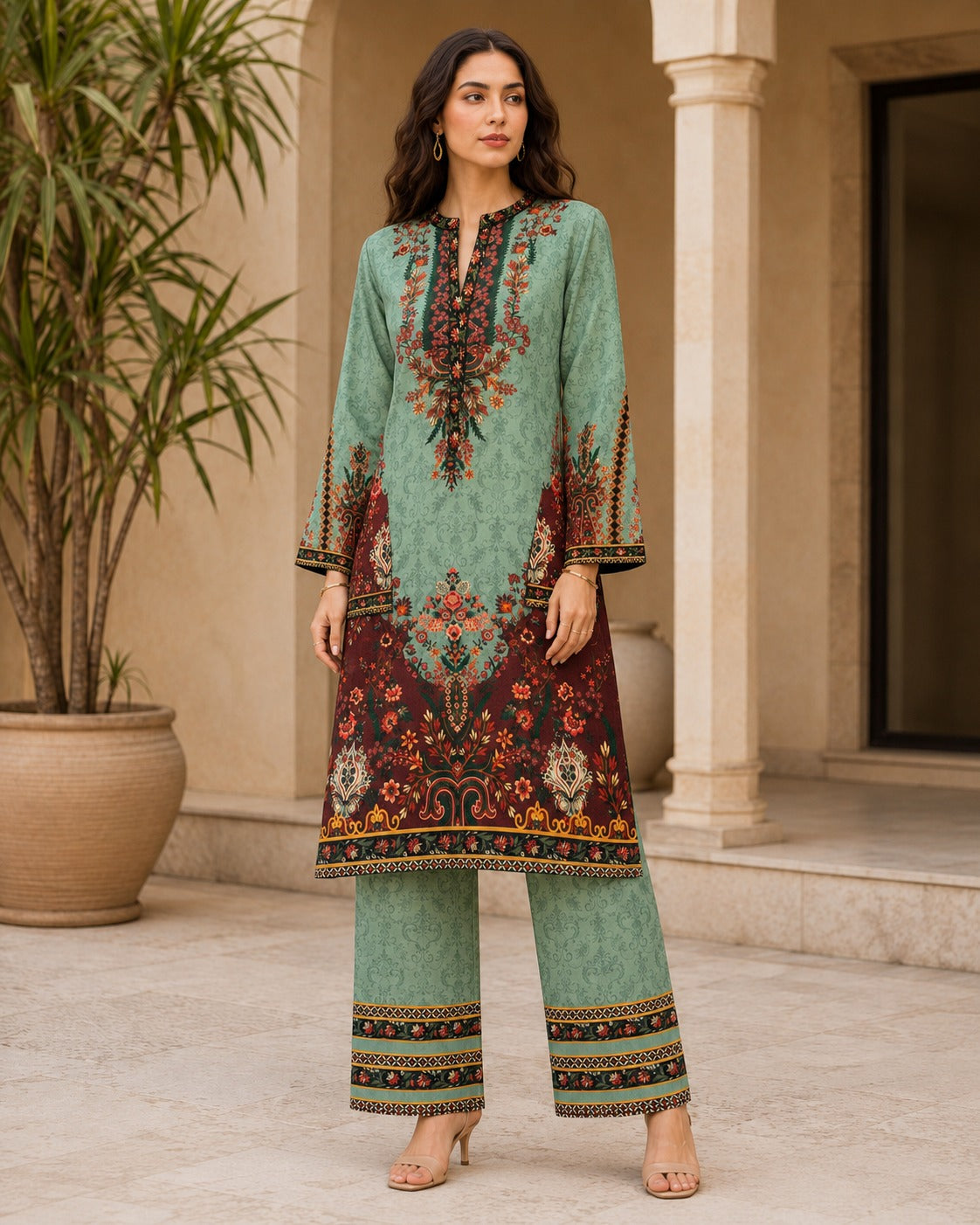 BMG-243 mint and maroon printed georgette 2 piece co-ord set for women in Canada