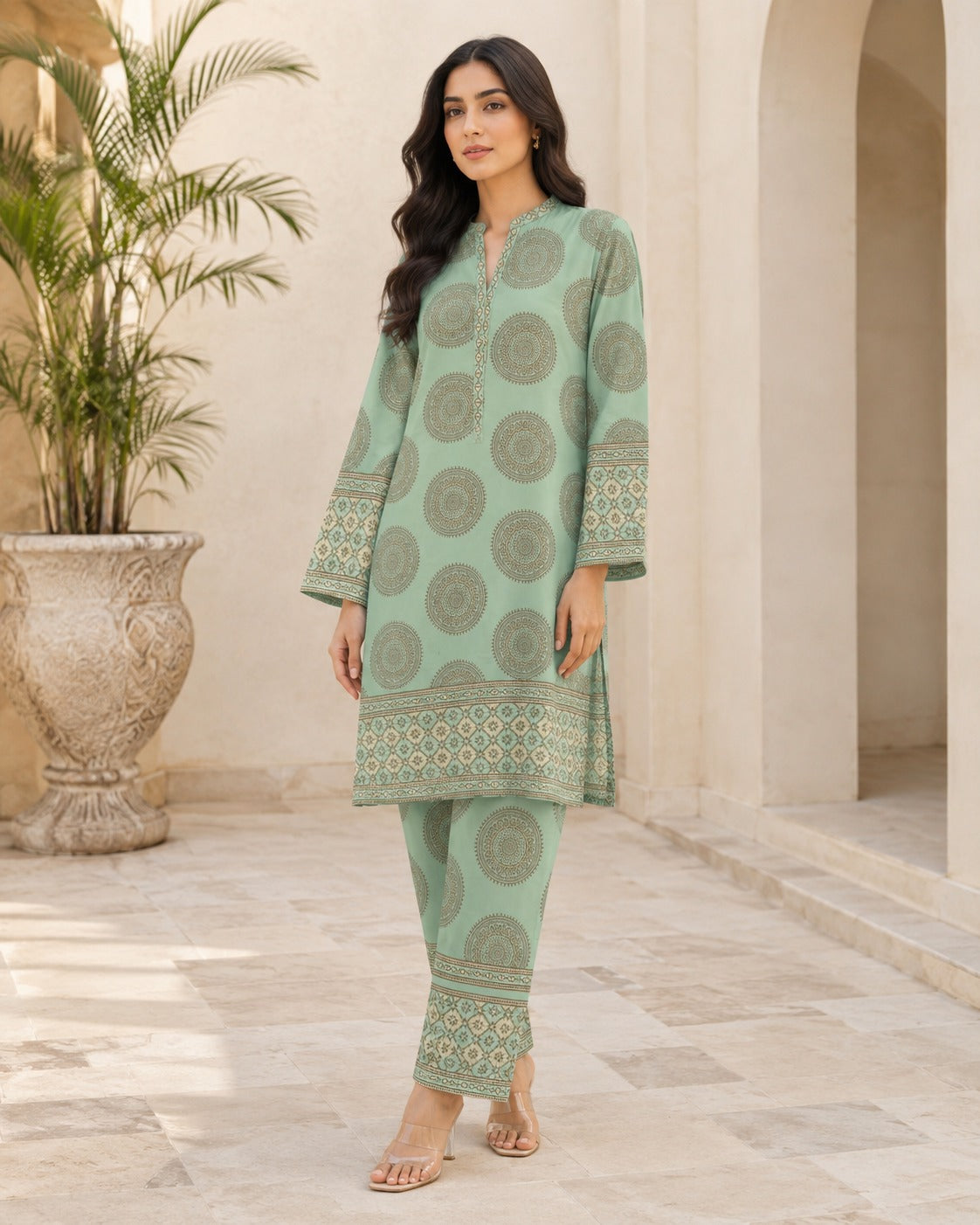 BMG-244 mint medallion printed georgette 2 piece co-ord set for women in Canada