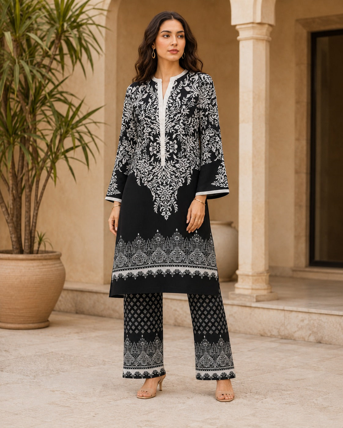 BMG-247 black and white printed georgette 2 piece co-ord set for women in Canada