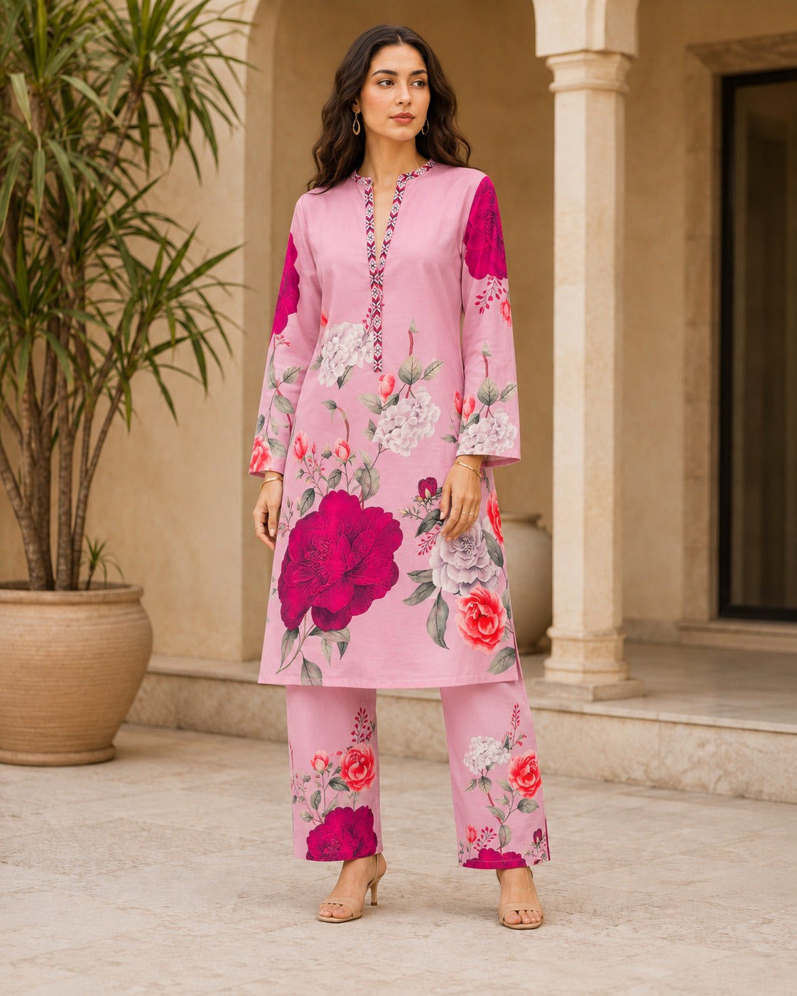 BMG-248 pink floral printed georgette 2 piece co-ord set for women in Canada
