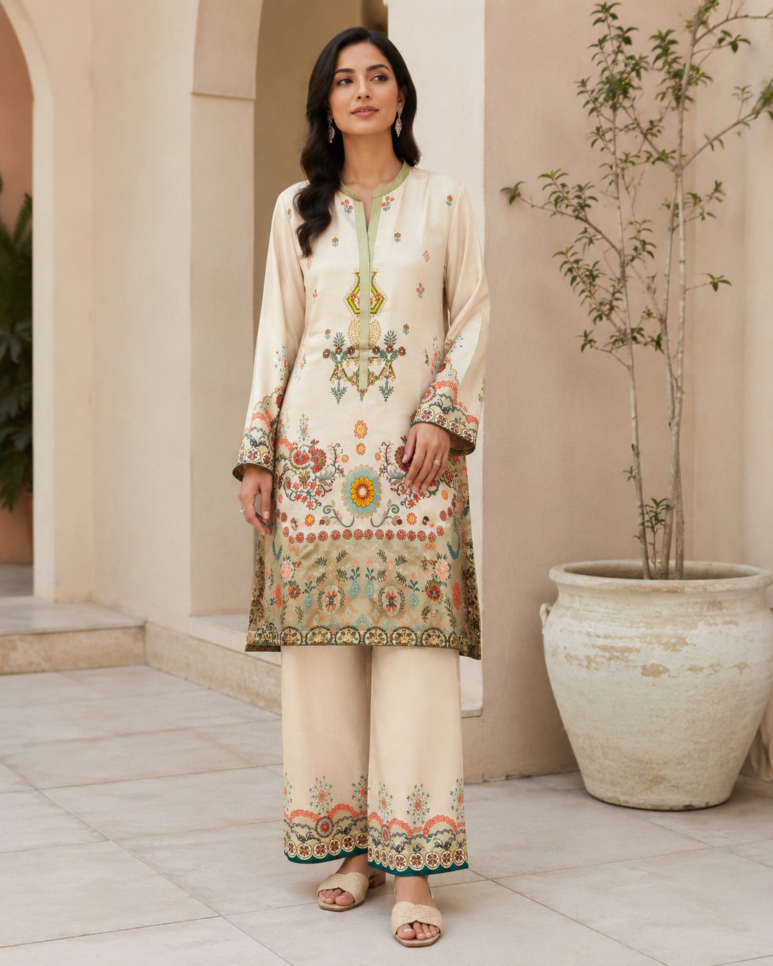 BMG-249 ivory folk print georgette 2 piece co-ord set for women in Canada