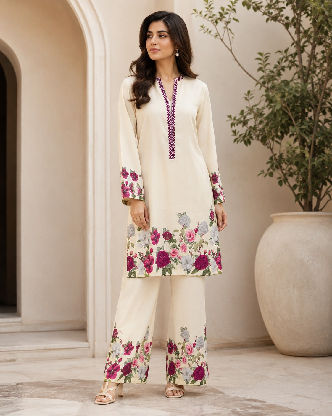 BMG-250 ivory and magenta floral printed georgette 2 piece co-ord set for women in Canada