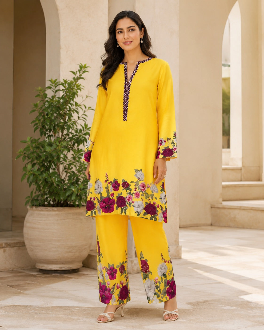 BMG-251 yellow floral printed georgette 2 piece co-ord set for women in Canada
