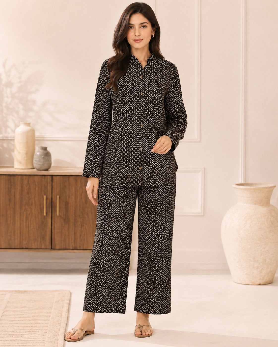BMG-252 black geometric linen open button shirt co-ord set for women in Canada
