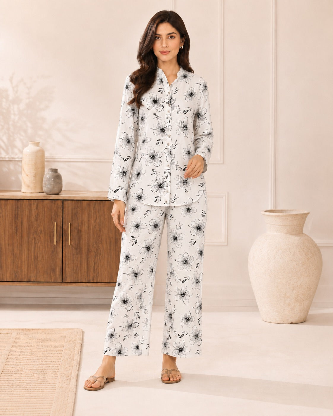 BMG-253 white and black floral linen open button shirt co-ord set for women in Canada