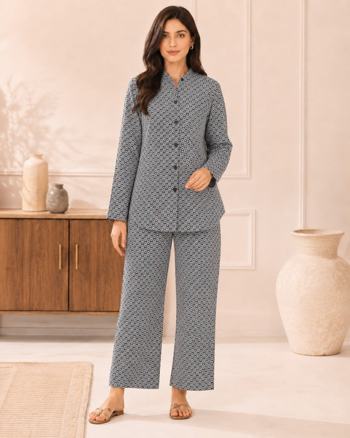 BMG-254 grey geometric linen open button shirt co-ord set for women in Canada