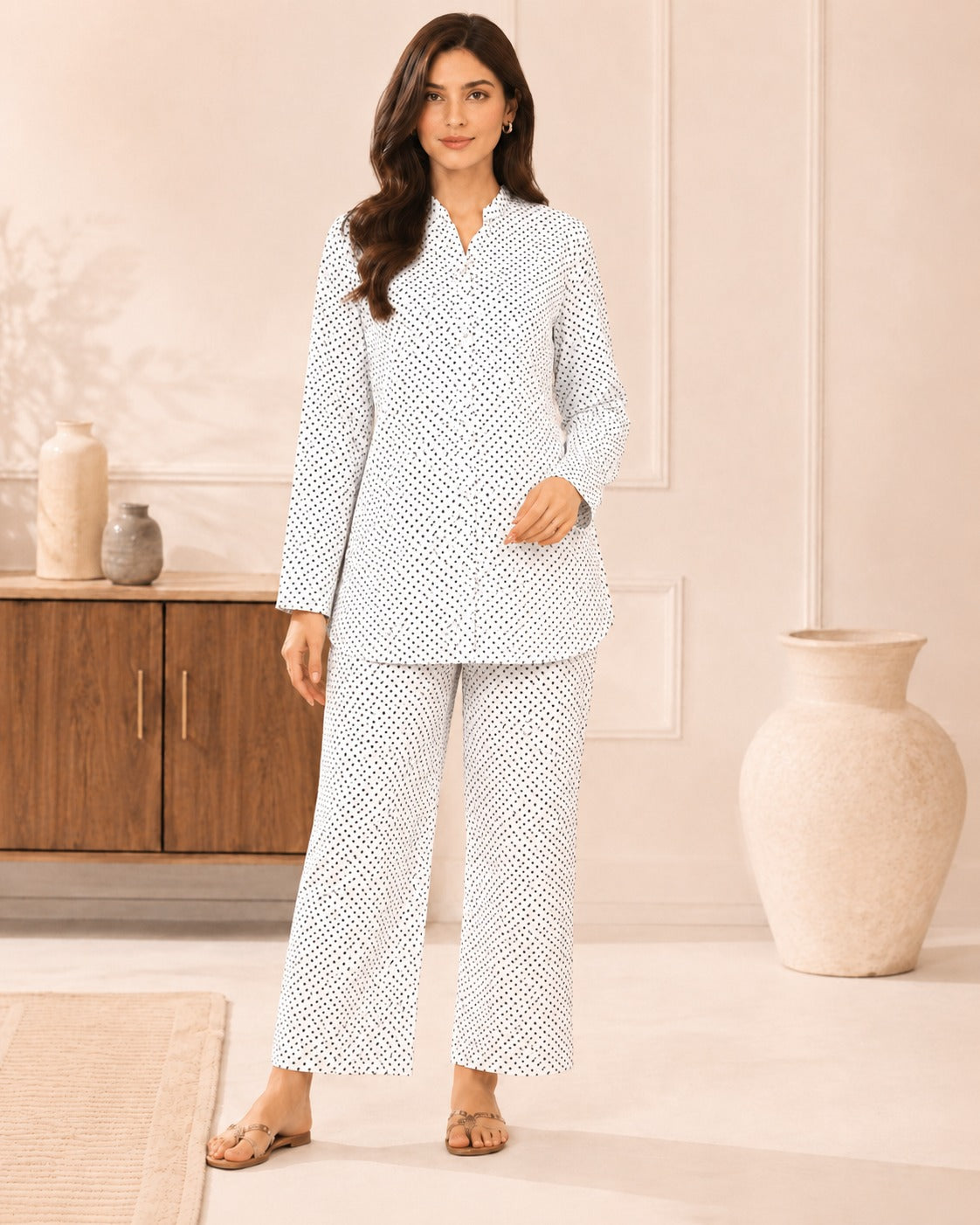 BMG-255 white and black dotted linen open button shirt co-ord set for women in Canada
