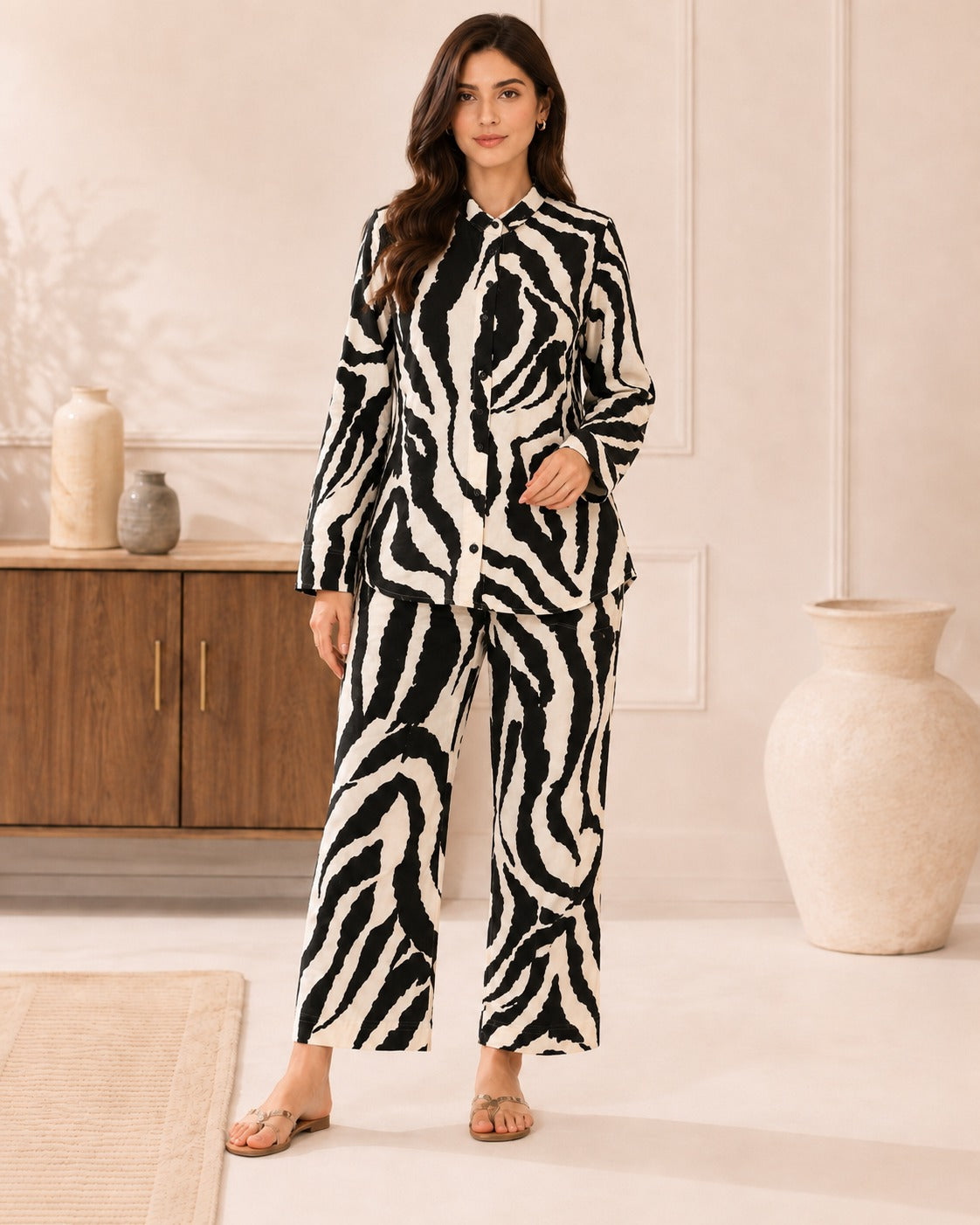 BMG-256 black and white zebra print linen open button shirt co-ord set for women in Canada
