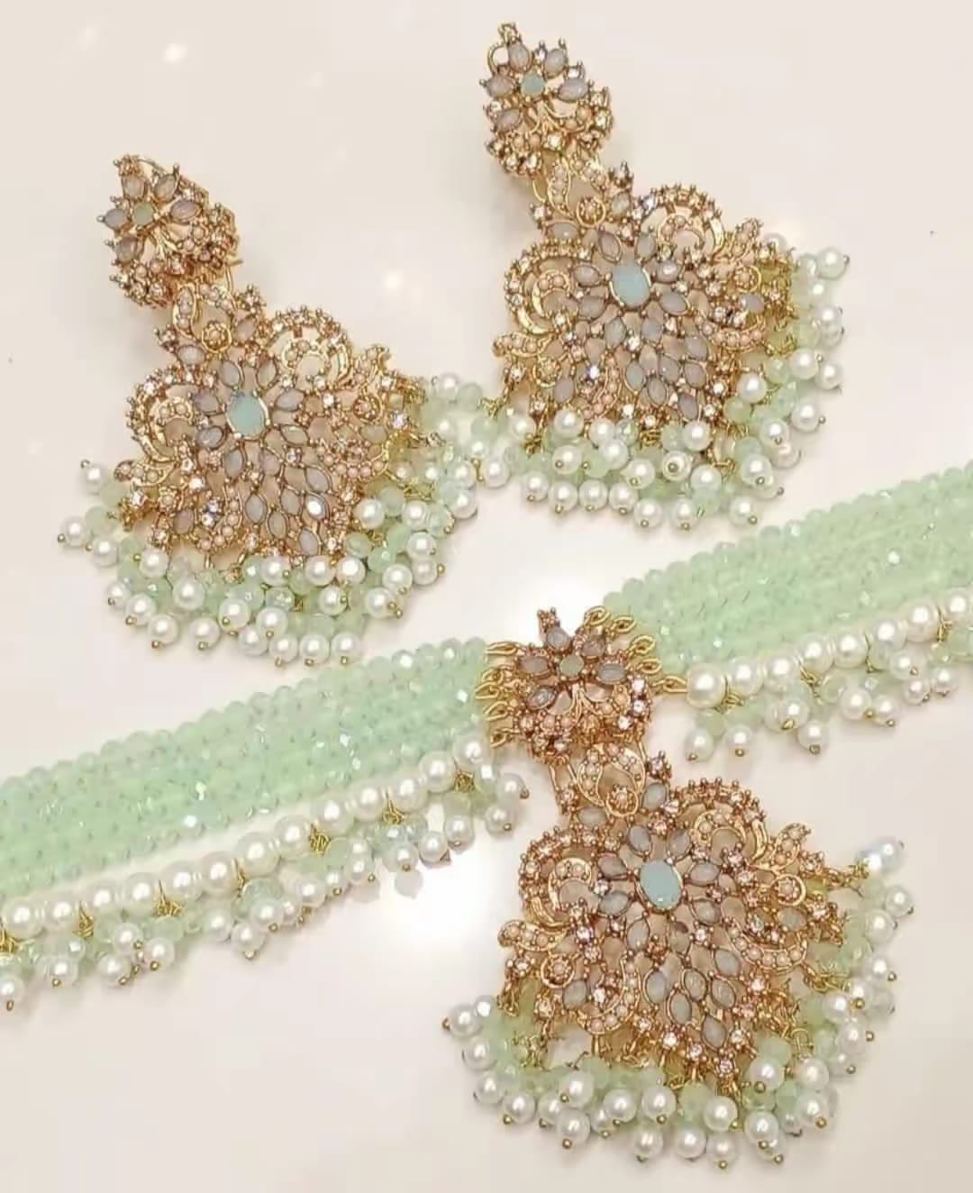 BMJ - 004 Heavy Floral Crystal Choker Set with Pearl Drops - Boutique By MaryamBoutique By MaryamBoutique By Maryamlight greenBMJ - 004 Heavy Floral Crystal Choker Set with Pearl Drops
