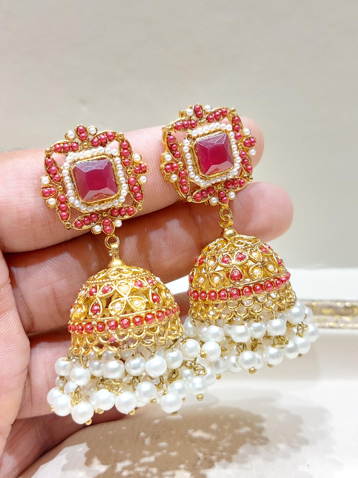 BMJ - 006 | Luxury Zirconic & Pearl Festive Jhumka Earrings in 10 Stunning Shades - Boutique By MaryamBoutique By MaryamBoutique By MaryamredBMJ - 006 | Luxury Zirconic & Pearl Festive Jhumka Earrings in 10 Stunning Shades