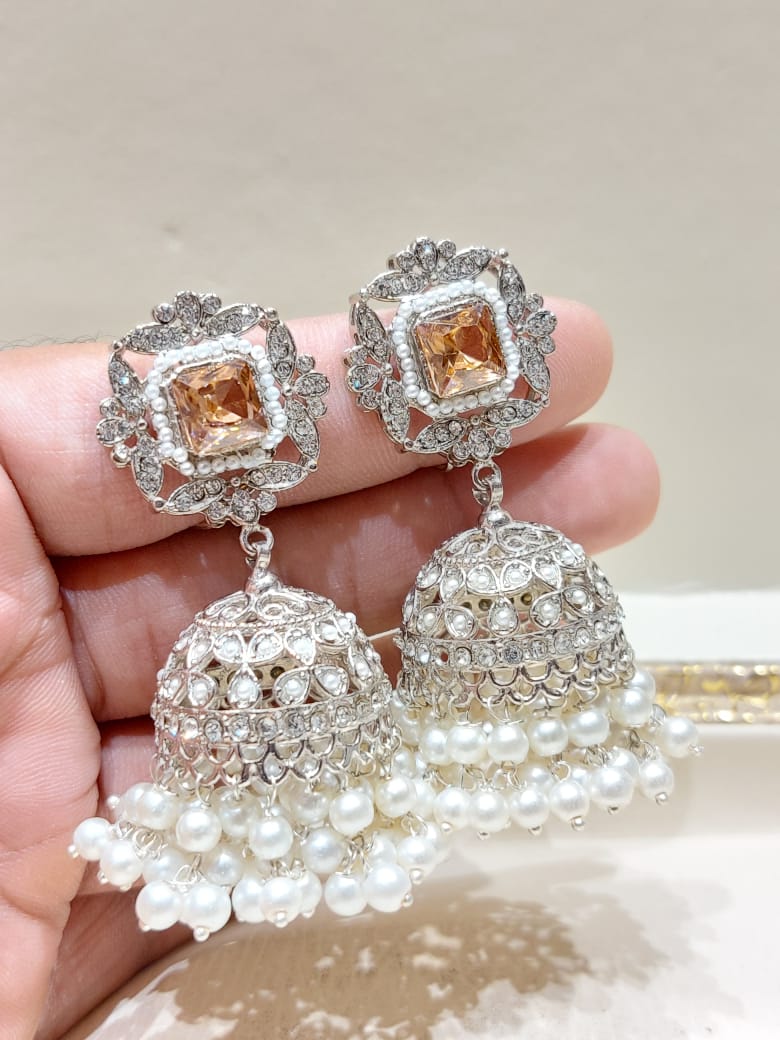 BMJ - 006 | Luxury Zirconic & Pearl Festive Jhumka Earrings in 10 Stunning Shades - Boutique By MaryamBoutique By MaryamBoutique By MaryamchampagneBMJ - 006 | Luxury Zirconic & Pearl Festive Jhumka Earrings in 10 Stunning Shades