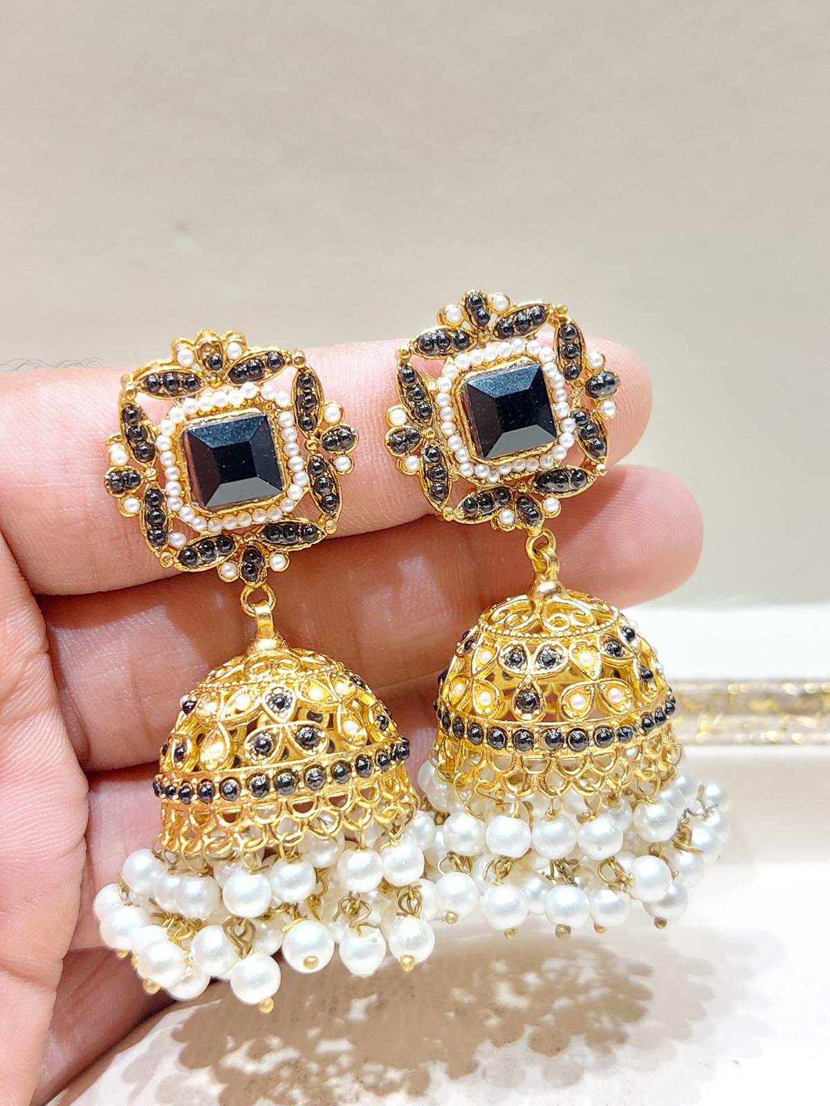 BMJ - 006 | Luxury Zirconic & Pearl Festive Jhumka Earrings in 10 Stunning Shades - Boutique By MaryamBoutique By MaryamBoutique By MaryamcharcoalBMJ - 006 | Luxury Zirconic & Pearl Festive Jhumka Earrings in 10 Stunning Shades