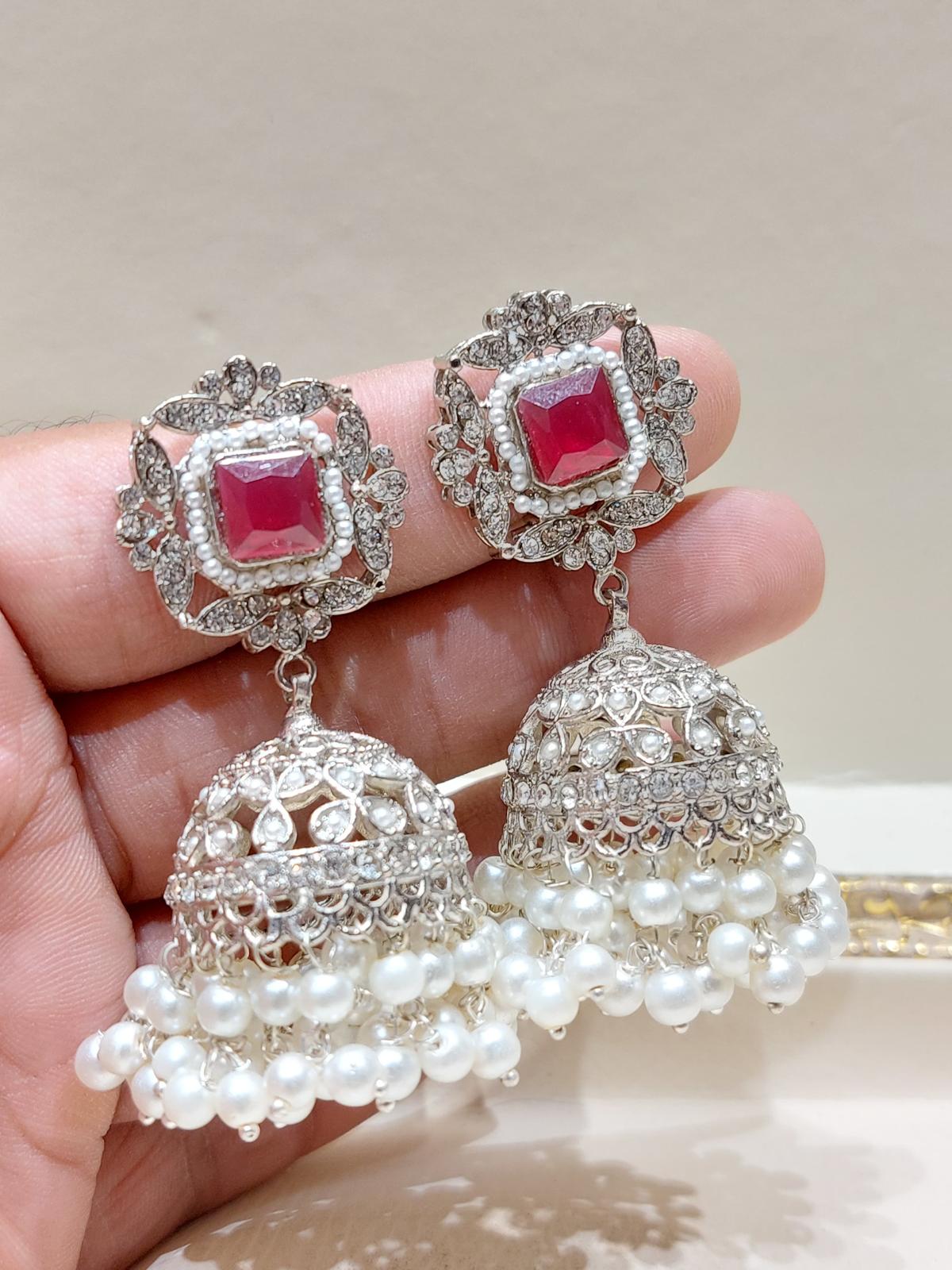 BMJ - 006 | Luxury Zirconic & Pearl Festive Jhumka Earrings in 10 Stunning Shades - Boutique By MaryamBoutique By MaryamBoutique By Maryambright - maroonBMJ - 006 | Luxury Zirconic & Pearl Festive Jhumka Earrings in 10 Stunning Shades
