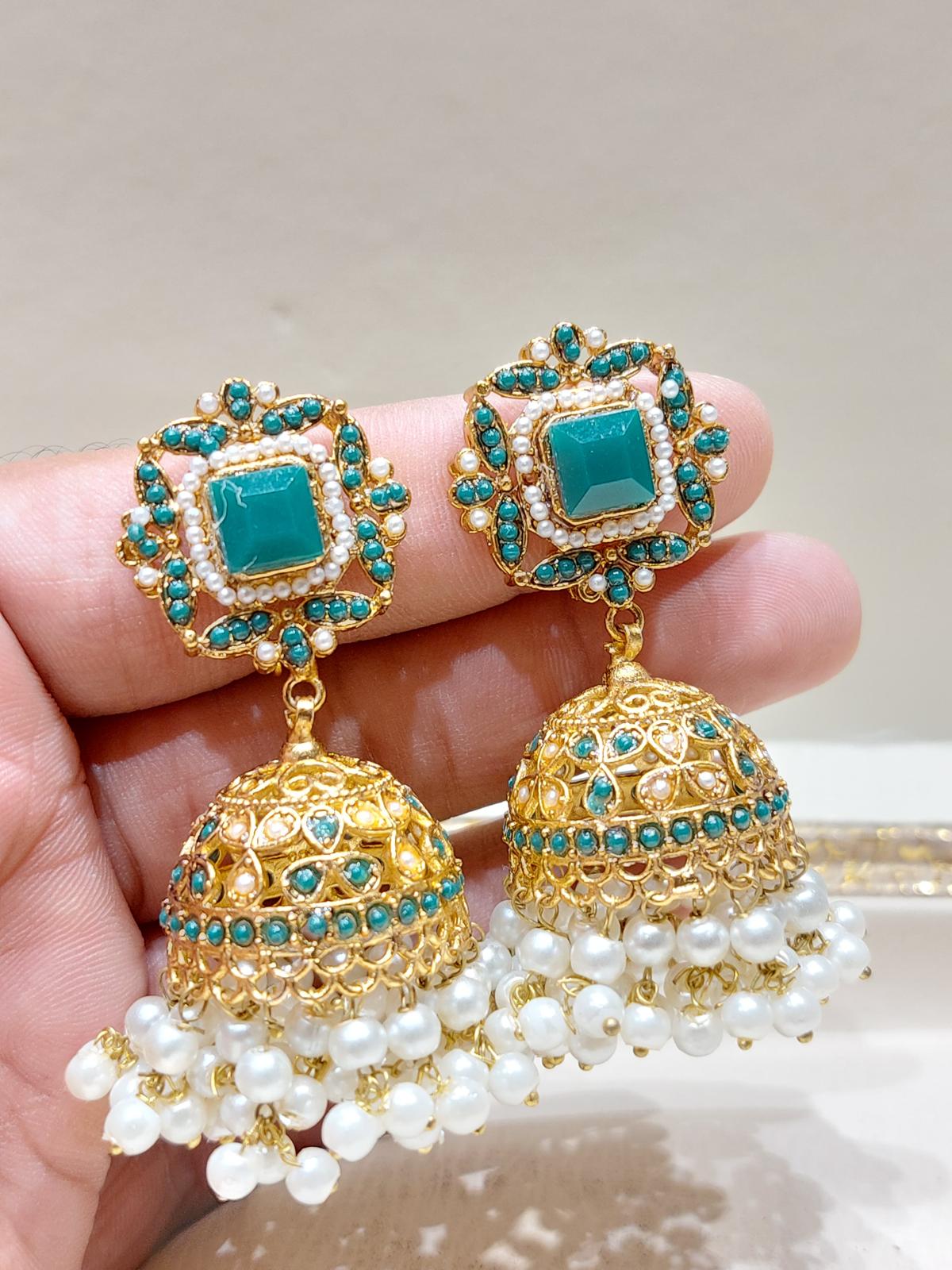 BMJ - 006 | Luxury Zirconic & Pearl Festive Jhumka Earrings in 10 Stunning Shades - Boutique By MaryamBoutique By MaryamBoutique By MaryamturquoiseBMJ - 006 | Luxury Zirconic & Pearl Festive Jhumka Earrings in 10 Stunning Shades