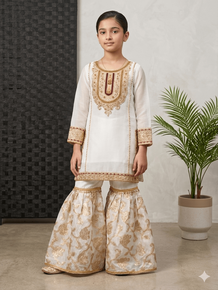 BMK - 001 | Timeless White & Gold Chiffon Gharara Set for Girls - Boutique By MaryamBoutique By MaryamBoutique By Maryam22BMK - 001 | Timeless White & Gold Chiffon Gharara Set for Girls