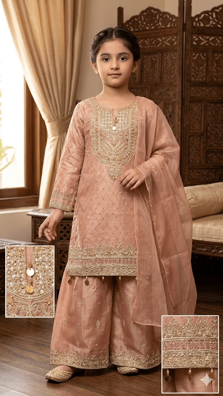 BMK - 014 | Girls' Dusty Rose Embroidered Shesha Silk Suit - Boutique By MaryamBoutique By MaryamBoutique By Maryam32BMK - 014 | Girls' Dusty Rose Embroidered Shesha Silk Suit
