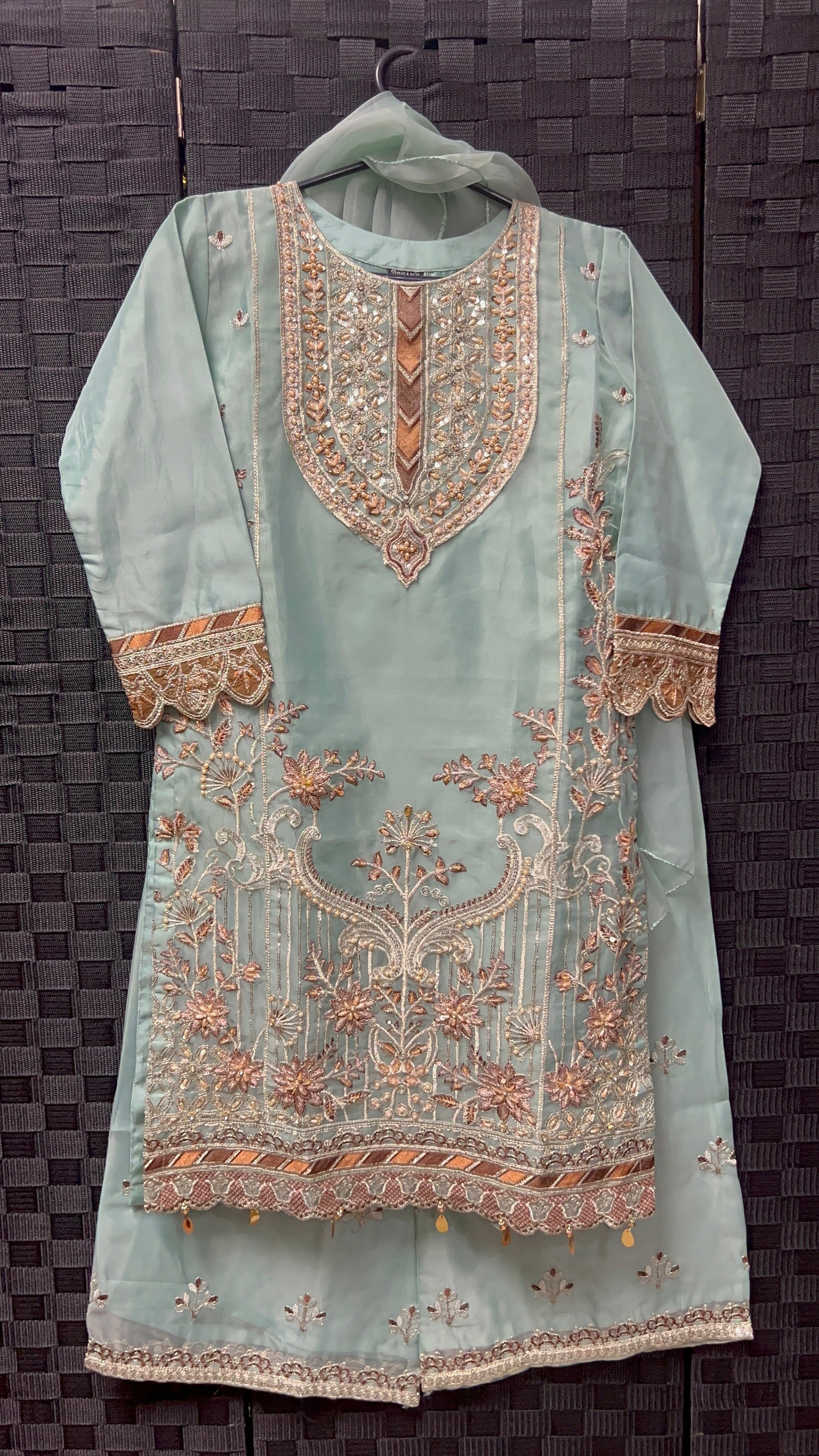 BMK - 018 | Girls' Mint Silver Organza Fabric Copper Embroidered Suit - Boutique By MaryamBoutique By MaryamBoutique By Maryam32BMK - 018 | Girls' Mint Silver Organza Fabric Copper Embroidered Suit